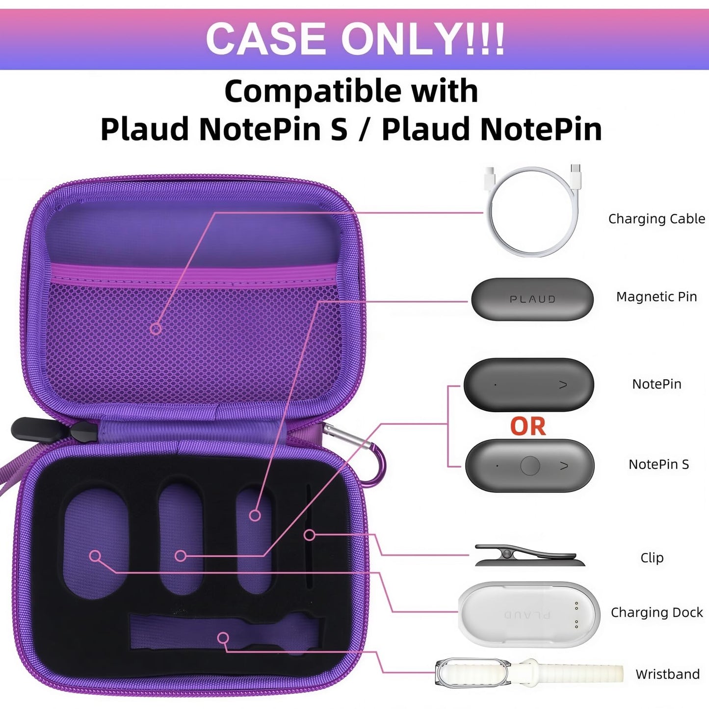 YouKnow Hard Case Compatible with PLAUD NotePin/NotePin S AI Voice Recorder - with Custom Foam Insert Holds Recorder, Magnetic Pin, Clip, Dock, Wristband & Cable (Case Only) (Galaxy)