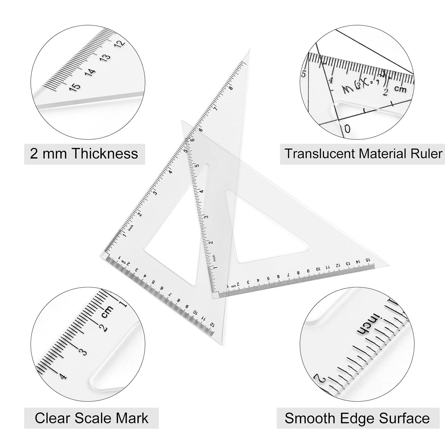 Coopay 12 Inch Math Geometry Tool Plastic Ruler Square Set Includes Straight Ruler, Triangles, Protractor for Student School Office Supplies (Clear)