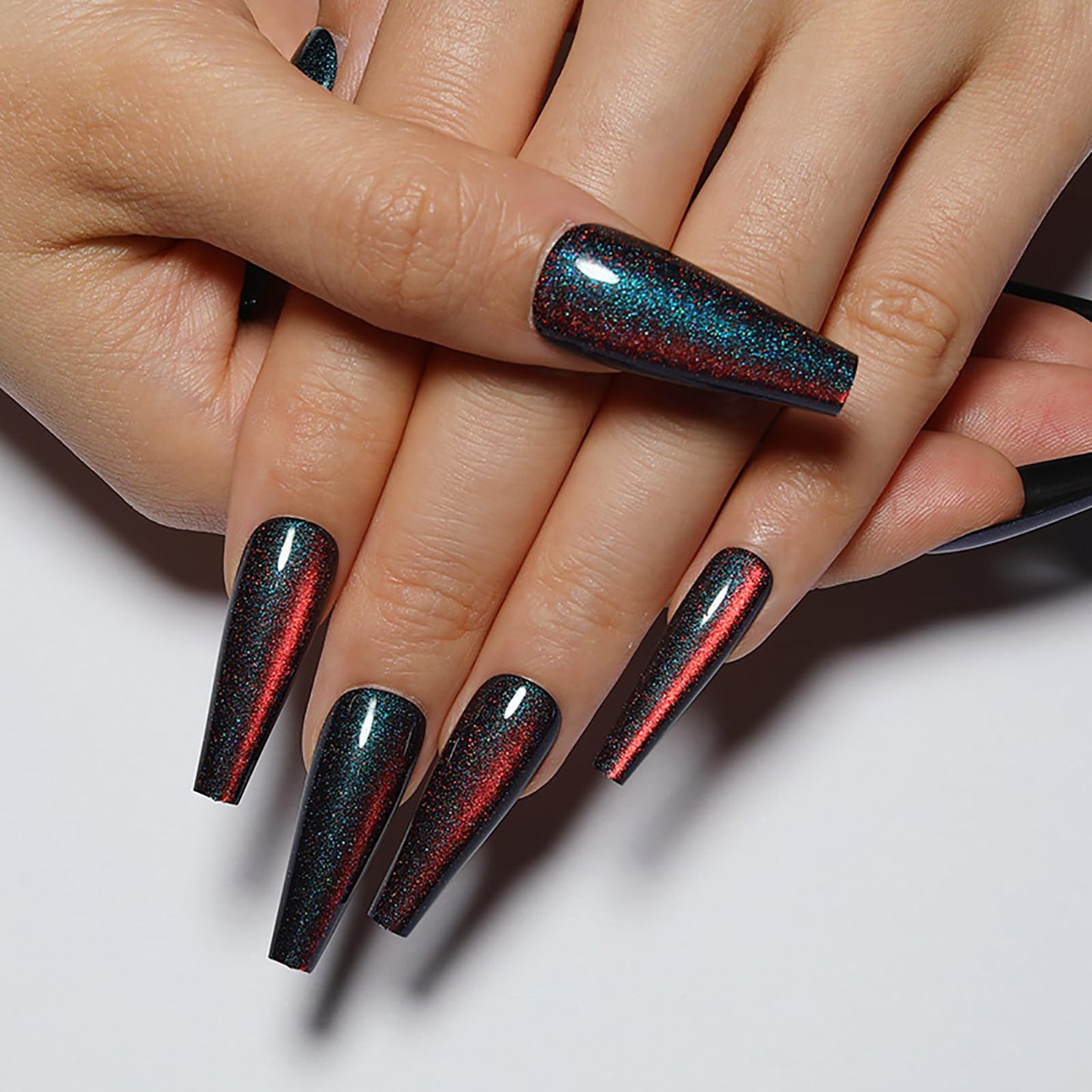 Handmade Press on Nails - Blue & Red Gradient Fake Nails| Glossy,Glitter,Reusable Long Nails,Velvet Effect Design Acrylic Nails | 12 Sizes - 24 Nail Kit with Jelly Glue