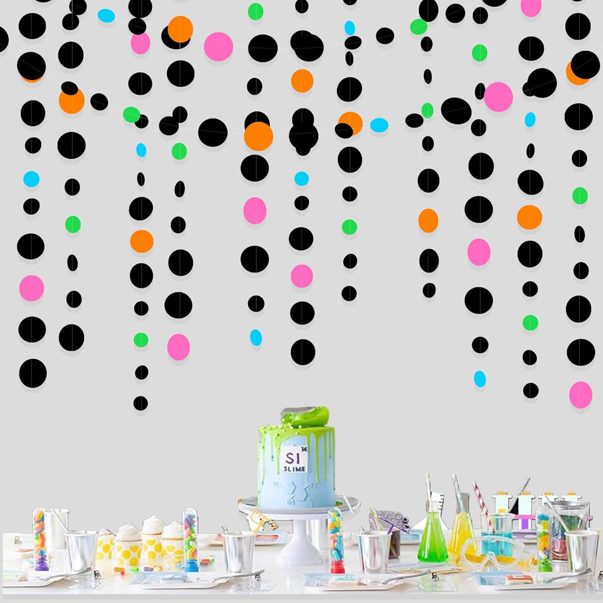 Black and Colorful Circle Dots Hanging Paper Streamer Black Multi-Color Polka Dot Banner for Birthday Bachelorette Wedding Baby Shower Fiesta Disco Halloween Party Decorations Supplies