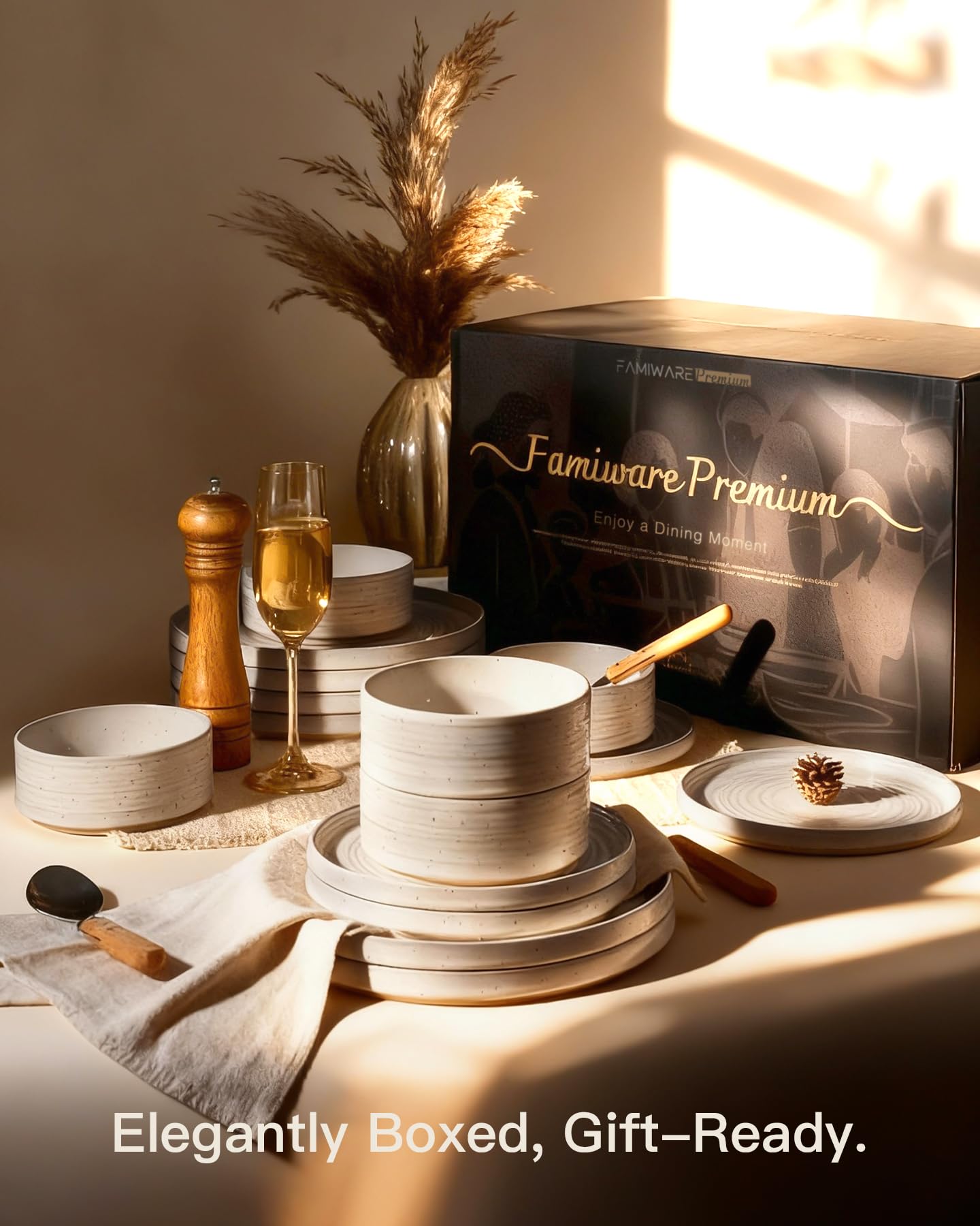 Famiware Premium 24-Piece Stoneware Dinnerware Set – High Edge Plates and Bowls with Reactive Glaze, Speckles & Spirals, Scratch Resistant Dishes, Dishwasher Safe, Service for 8, Gift Box, Shell Beige