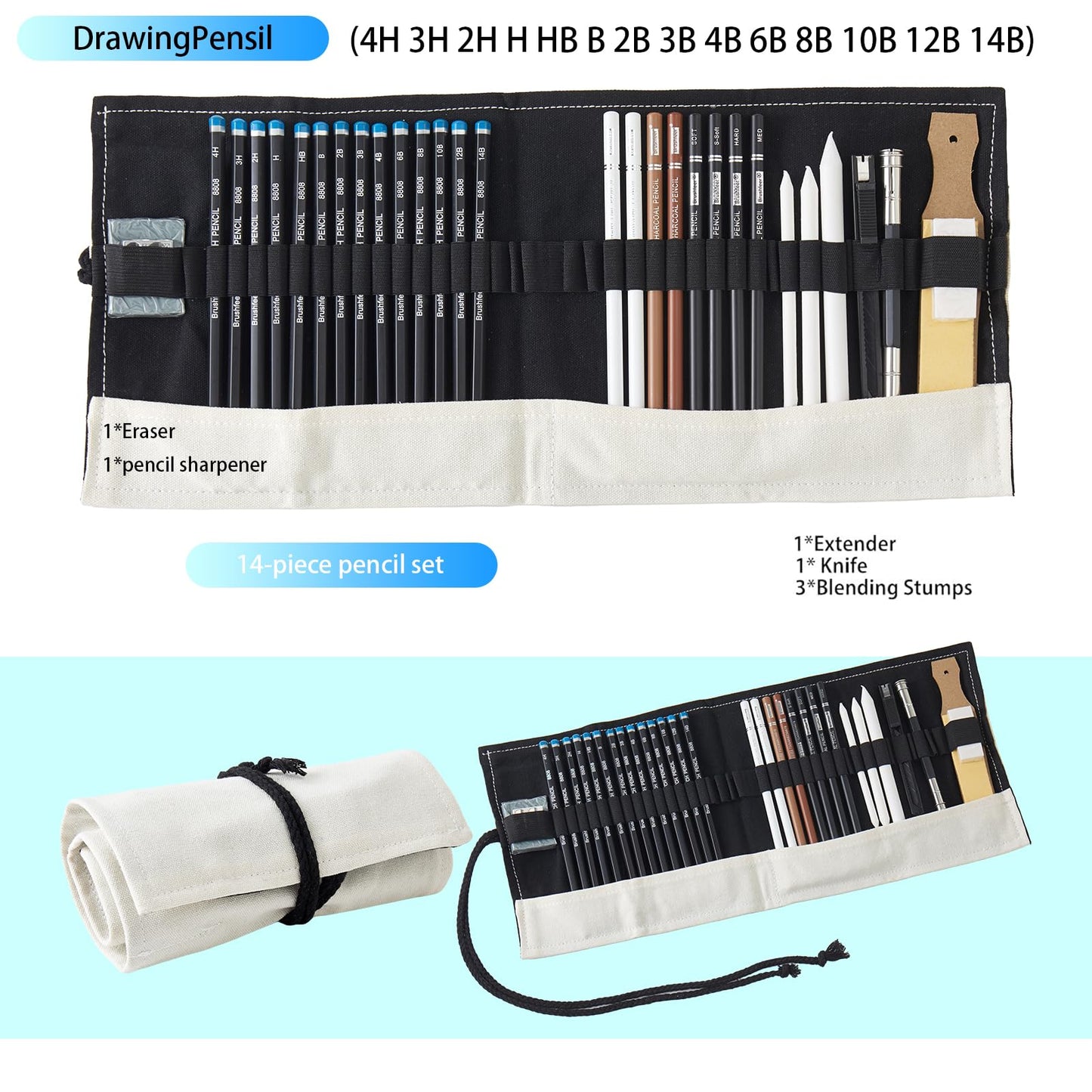 LEONHOME Professional Sketching Pencil Set with Full Hardness Range (3H–14B) – Graphite & Charcoal Pencils with Portable Canvas Pouch