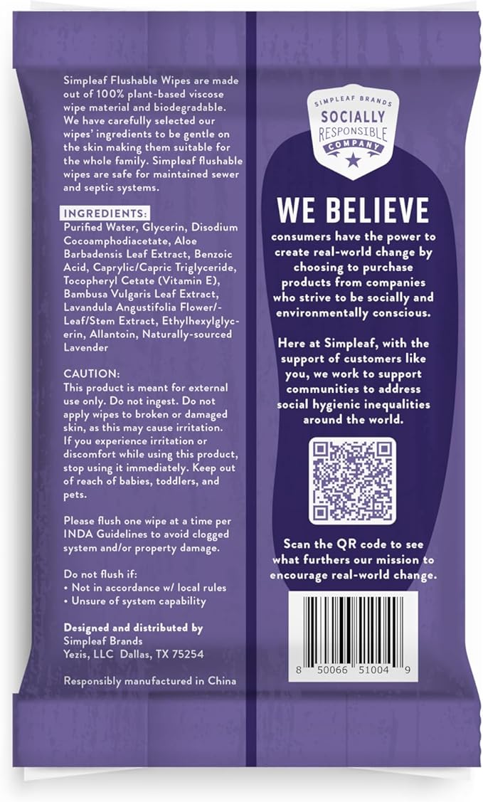 Simpleaf Flushable Wet Wipes Aloe Vera| Eco-Friendly, Paraben & Alcohol Free | Hypoallergenic & Safe for Sensitive Skin | Soothing Aloe Formula | (16 x 25 Counts Convenient Pack) 400 Counts Total