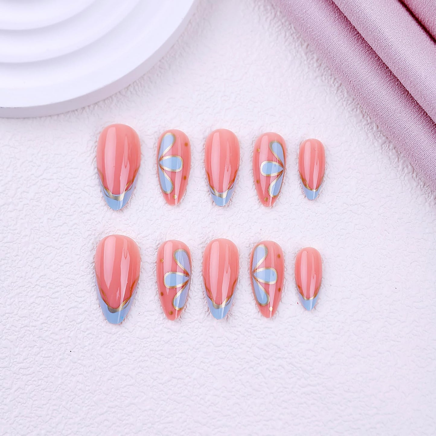 French Tip Press on Nails Medium Almond Acrylic False Nails Nude Ombre Blue Fake Nails Flower Gilding Full Cover Stick on Nails for Women Manicure Decoration 24Pcs
