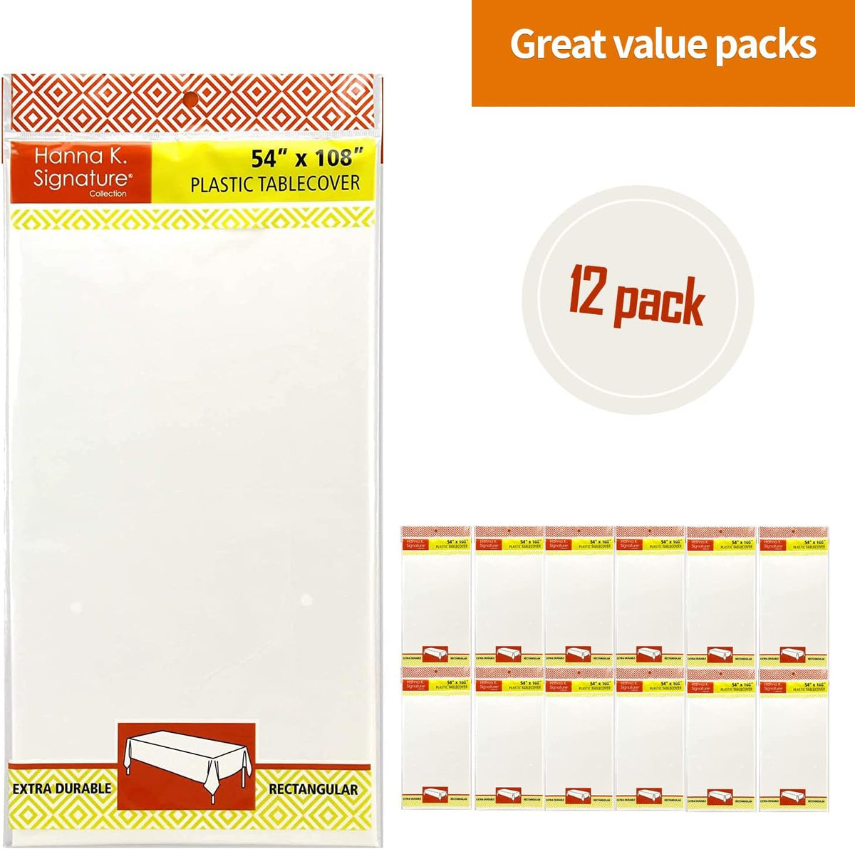 Party Dimensions White Disposable Plastic Tablecloth for Rectangle Tables (12 Pack) Table Cloths for Parties, Events & Weddings, Indoors Outdoors, 54 x 108 inches, Plastic Table Cover