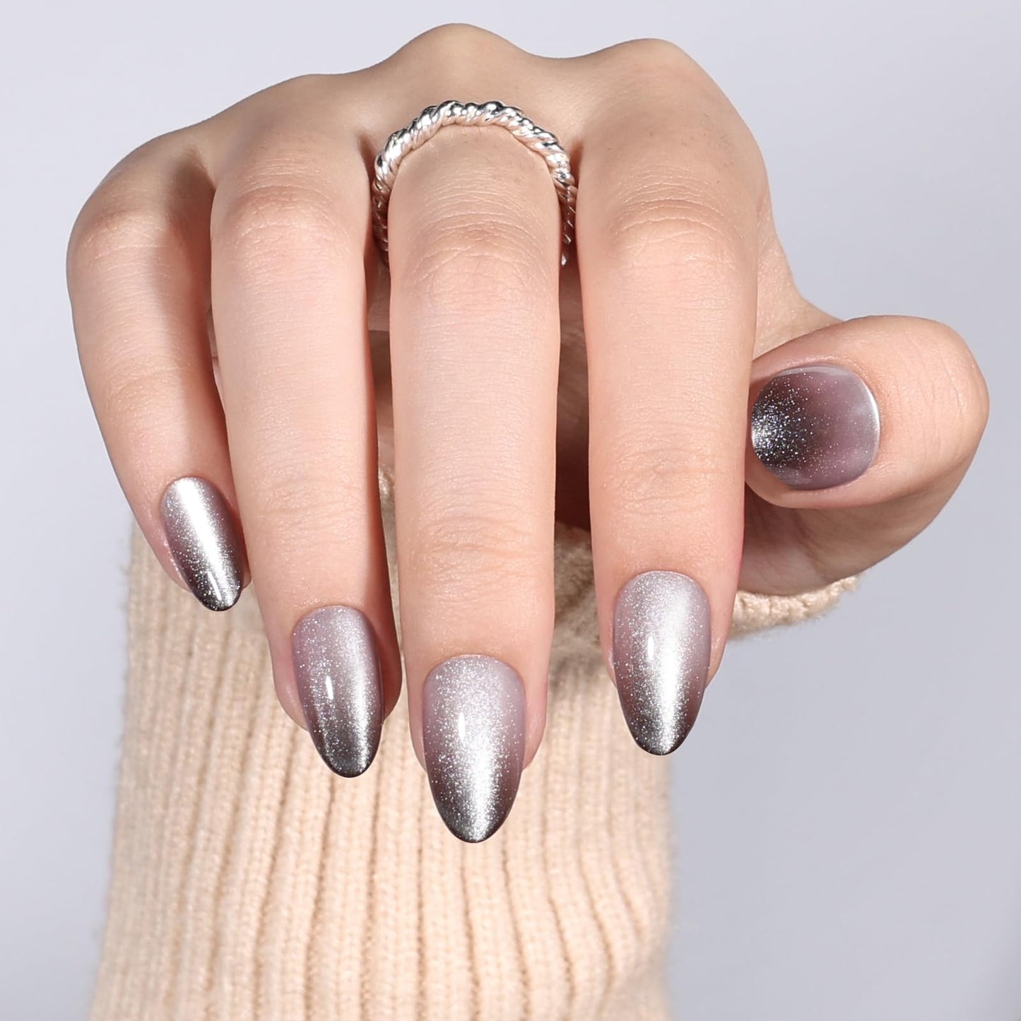 Black & White French Tip Cat Eye Press On Nails - Short Almond Press On Nails, Reusable Fake Nails with Glue, 32 PCS 16 Sizes