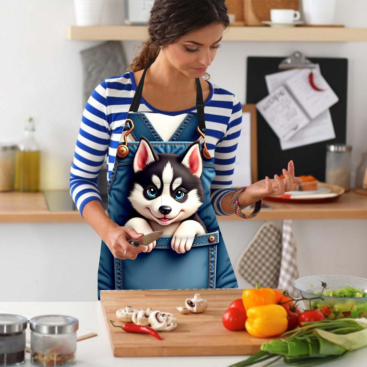 THISFIND Cute Husky Dog in Pocket Apron – Waterproof Adjustable Bib Apron with Funny Cartoon Puppy Print – Durable Kitchen Apron for Cooking Gardening and Crafts