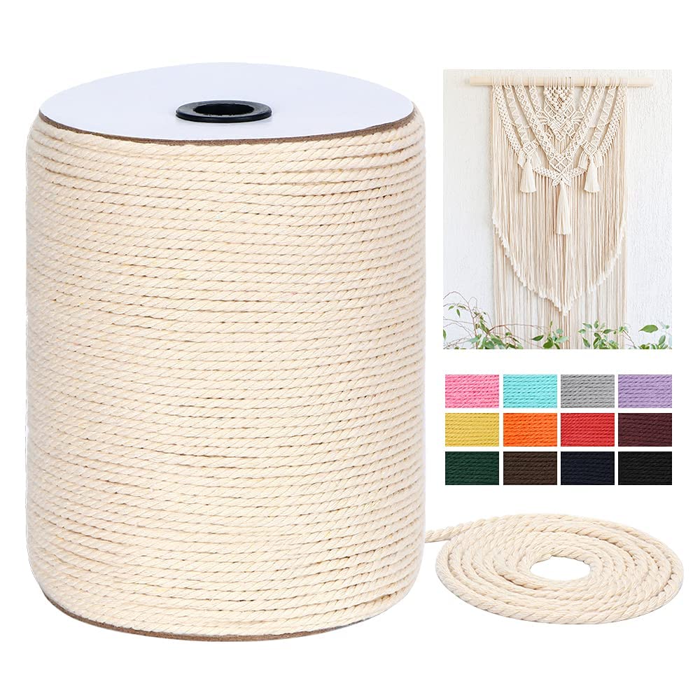 Macrame Cord 5mm x 165Yards, Natural Cotton Macrame Rope - 3 Strands Twisted Macrame Cotton Cord for Wall Hanging, Plant Hangers, Crafts, Gift Wrapping and Wedding Decorations
