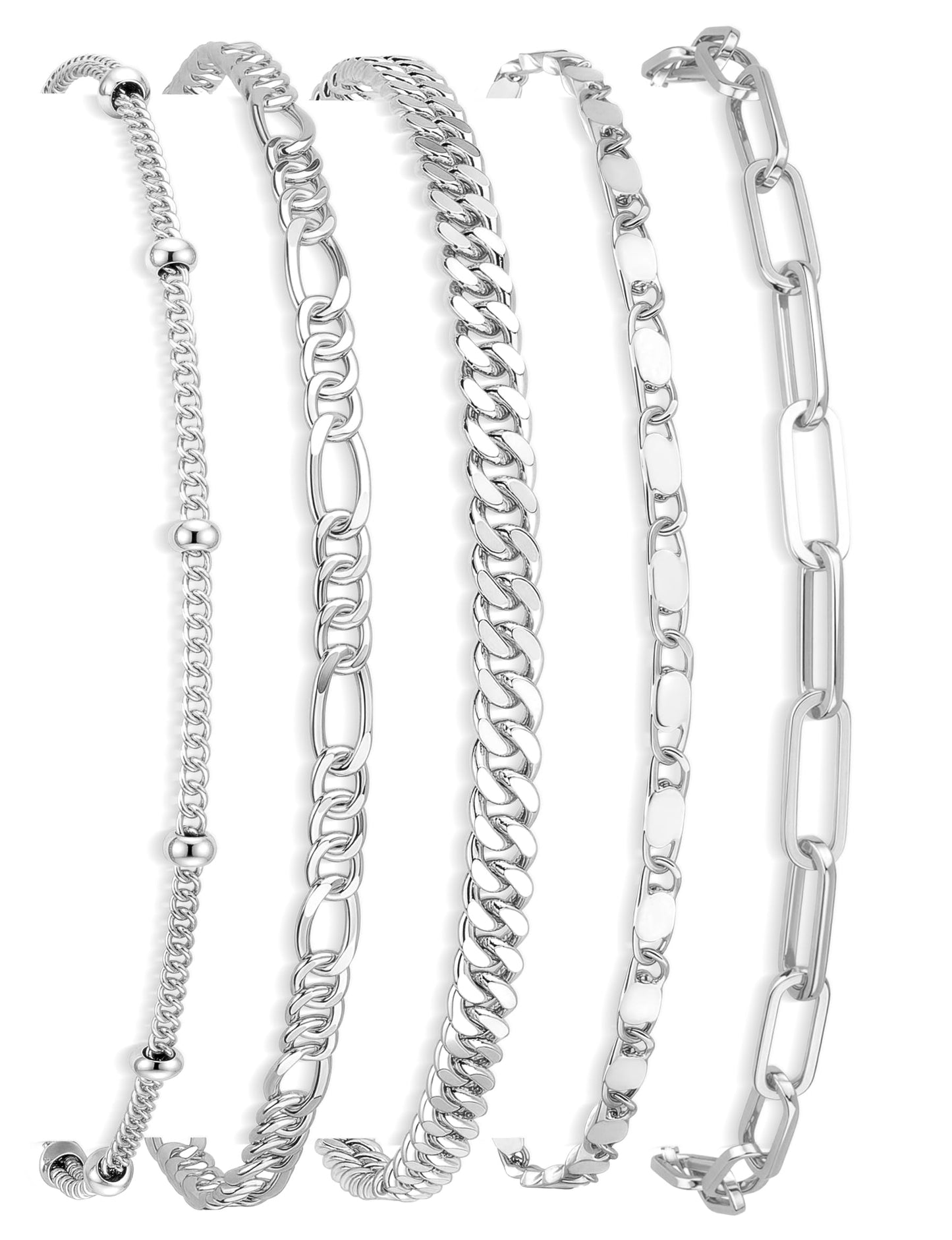 Gokeey Sterling Silver Bracelets for Women Non Tarnish, Stackable Silver Dainty Figaro Paperclip Cuban Link Chain Bracelet Stack Set Pack for Women Trendy Simple Silver Jewelry Gifts