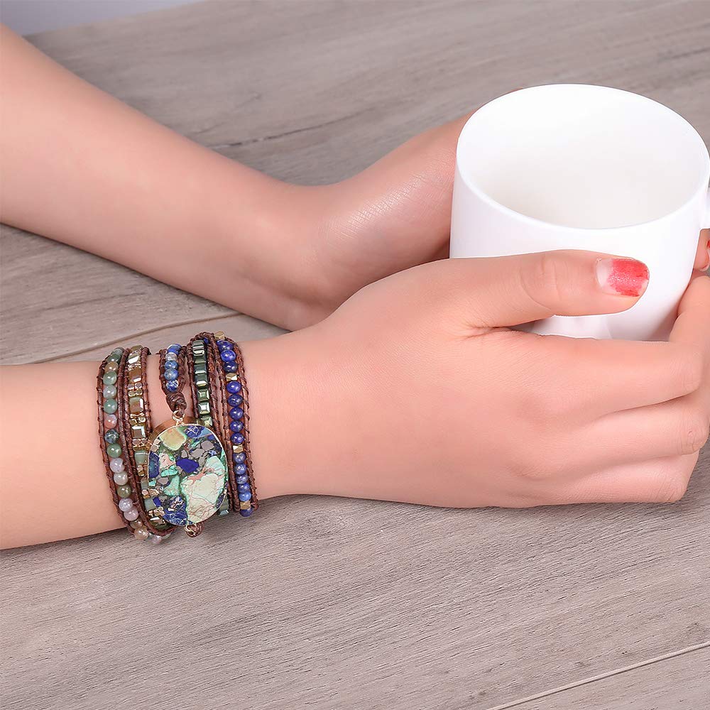 Plumiss Boho Handmade Imperial Jasper Green Blue Stone Hematite Mixed Leather Wrap Bracelets for Men Women