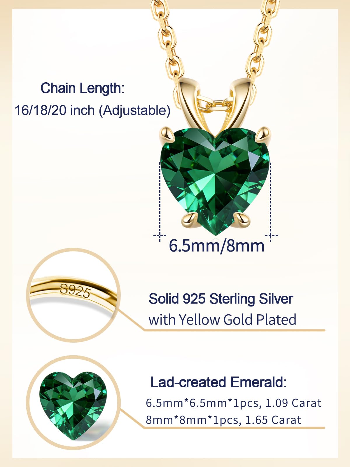 CYW 1 Carat Green Emerald Small Gold Heart Necklace for Women 925 Sterling Silver Solitaire Pendant Necklace