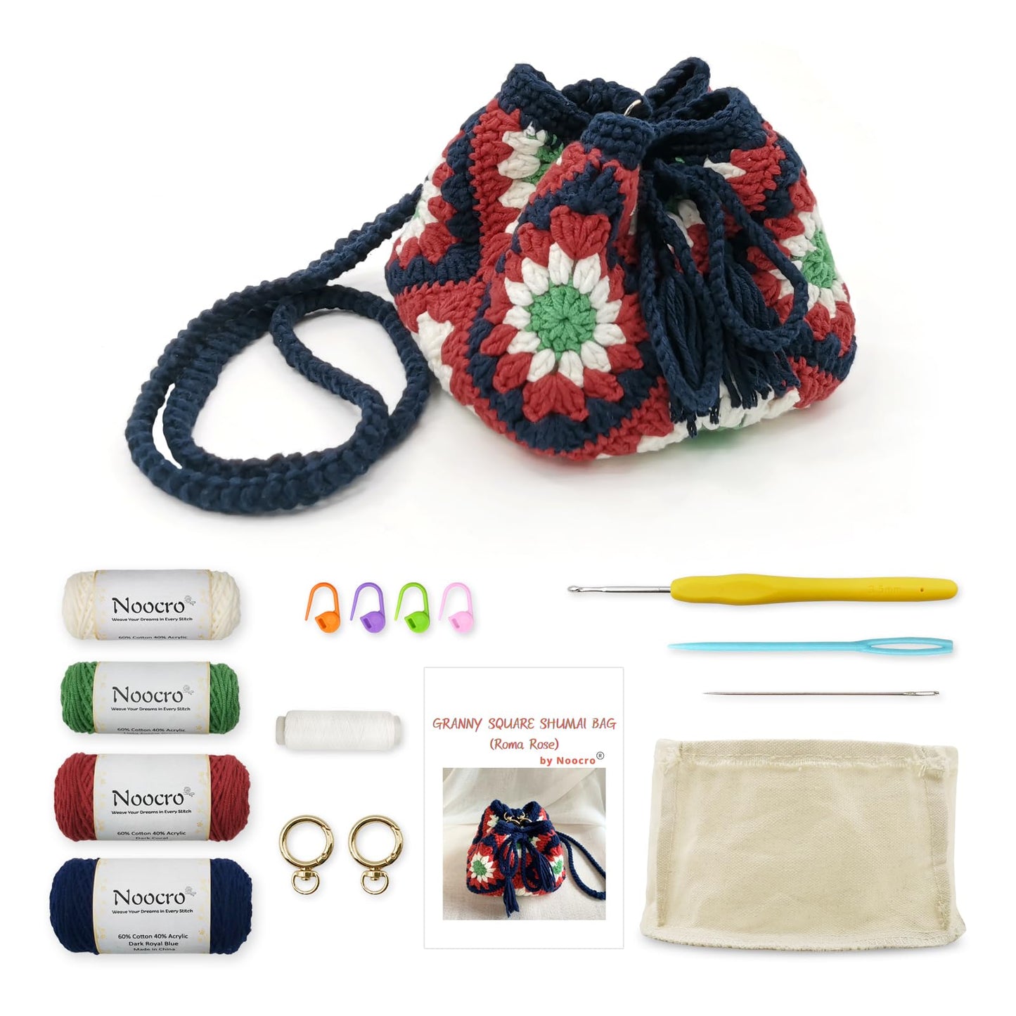 Noocro Crochet Kit Granny Square Shumai Bag, Purse, Complete DIY Kit, Detailed Instructions, Video Tutorials, for Beginners or Intermediate and Advanced Crocheters (Roma Rose)