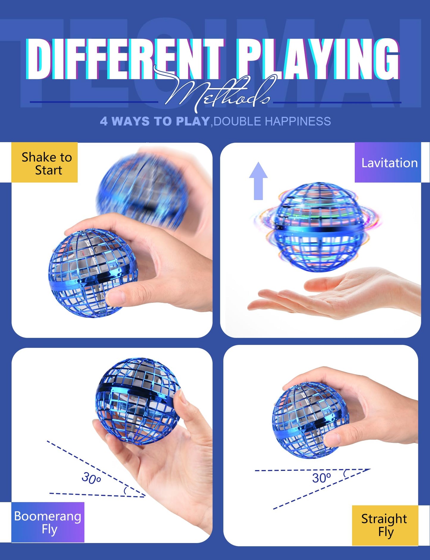 Vrainito Flying Orb Ball 2025 Upgrade, 2 Pack Hand-Controlled Flying Orb Toy, 360° Rotating Cosmic Globe Hover Ball for Kids (Blue + Blue)