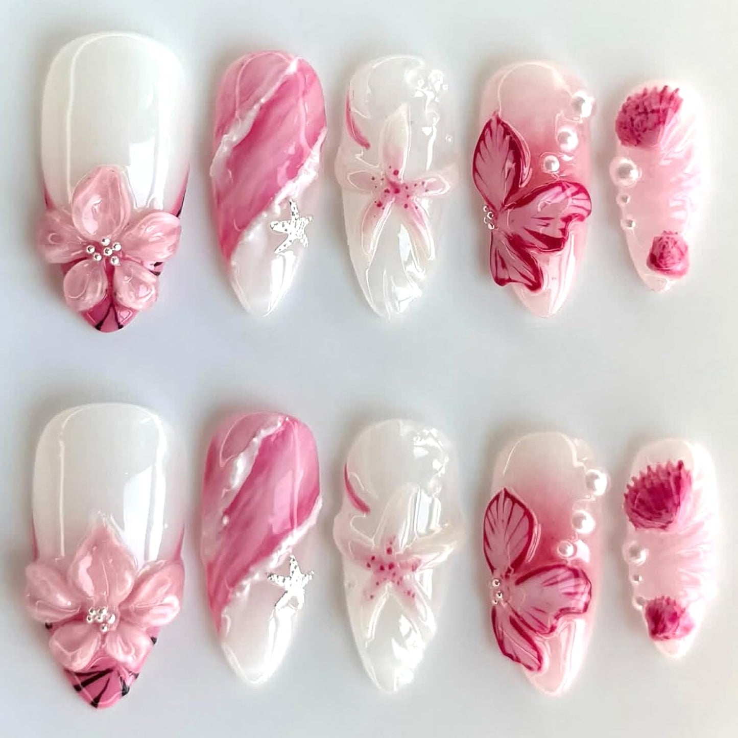 24Pcs Flowers Press on Nails Medium Almond Fake Nails 3D Cute Flower Nail with Pearl Bead Charms Design French Tip False Nails False Nails Spring Floral Glue on Nails Acrylic Nail for Women DIY