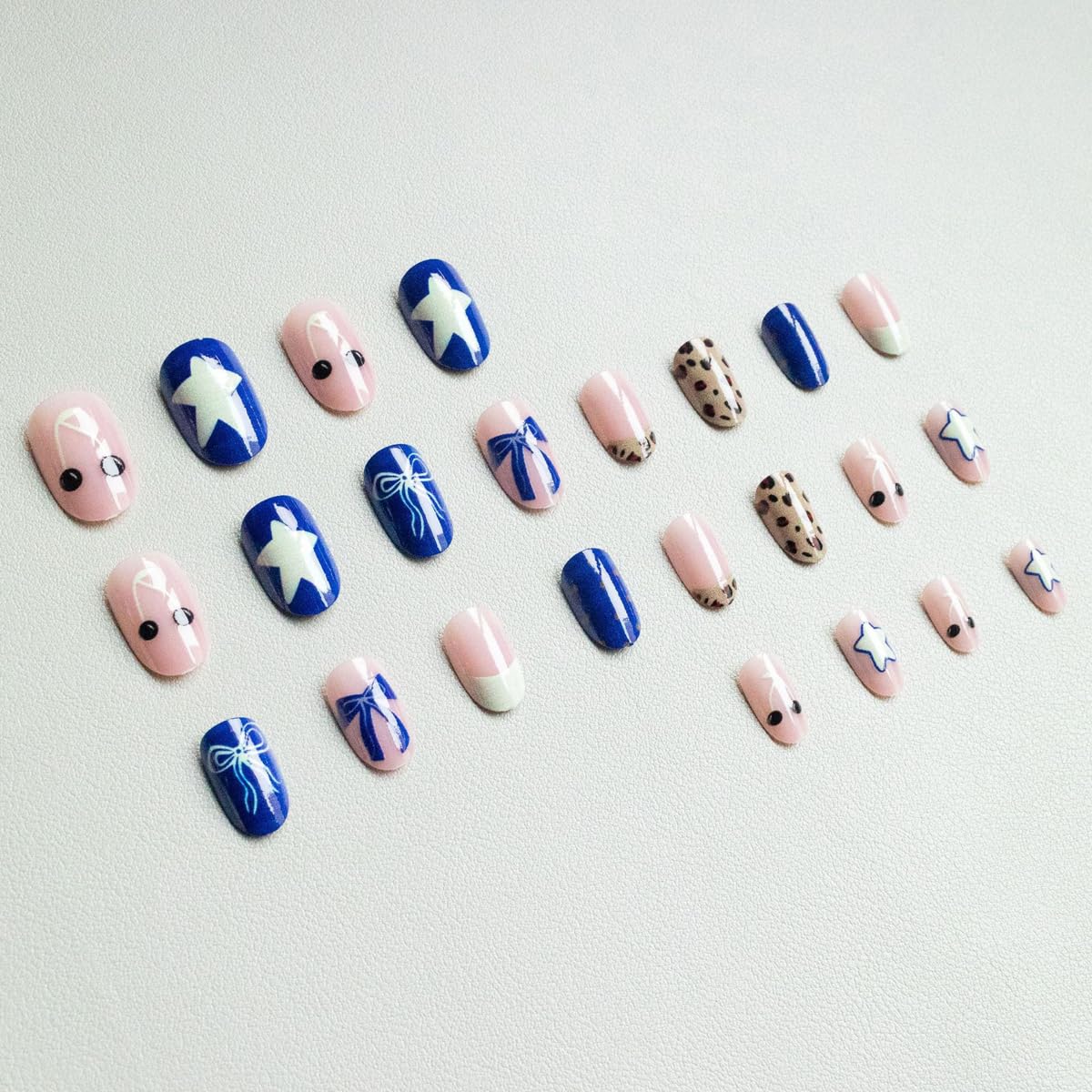 Blue Press on Nails Medium Oval Fake Nails French tip Nails Press ons with Polka Dot, Leopard, Star Design,Cute Reusable Artificial Nail Full Cover Stick on Nails for Women Manicure 24Pcs