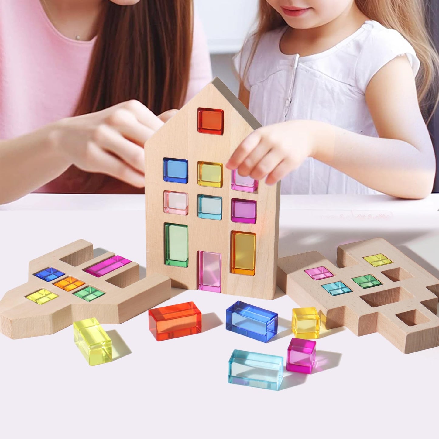 Dinhon 25 Pcs Acrylic Building Blocks with 3 Beech Wood Houses - 17 Cubes + 8 Long Blocks Rainbow Gem Set, Insert & Stack Sensory Toy for 1-5 Years Old Boys Girls, Creative Play Birthday Gift