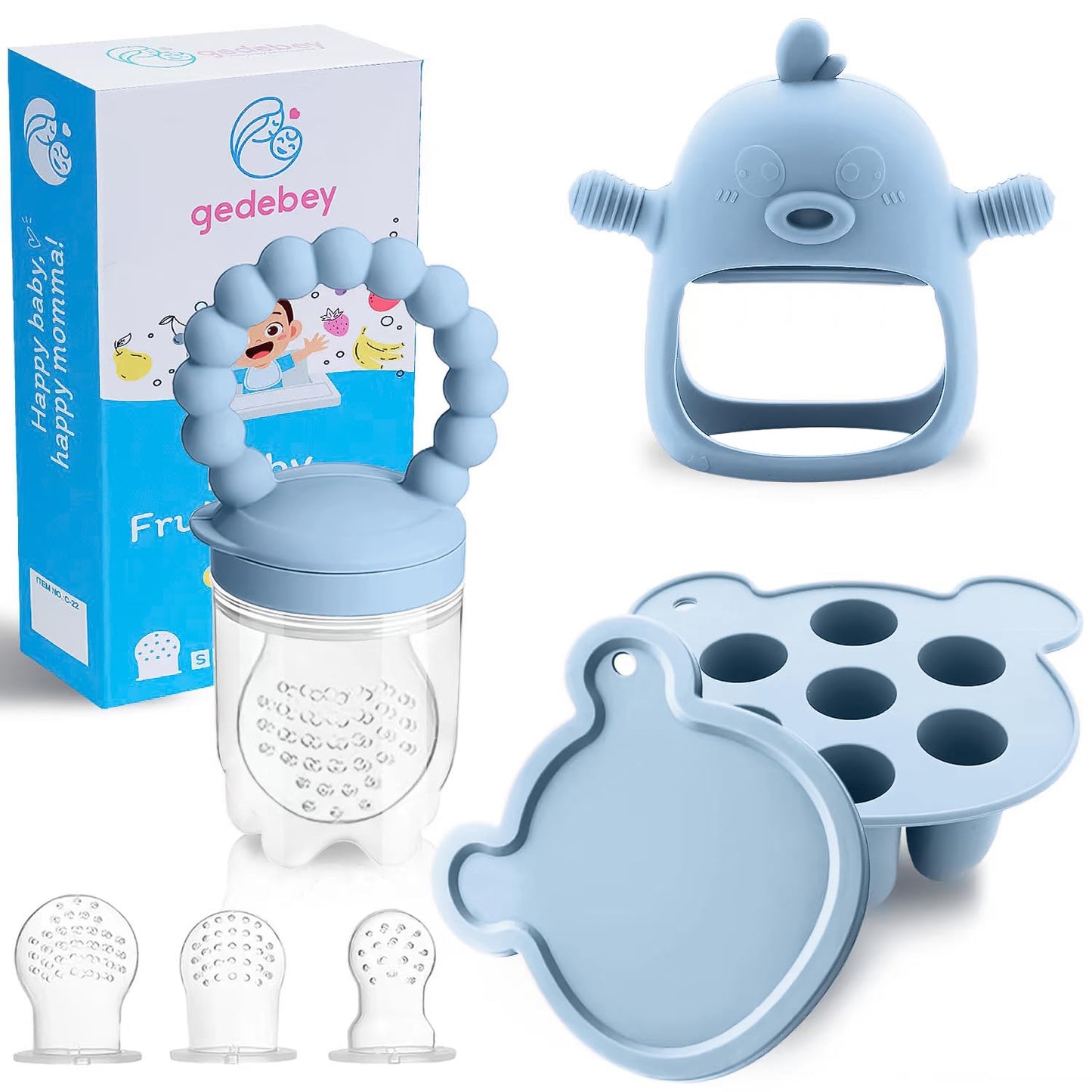 Gedebey 3-in-1 Baby Food & Fruit Feeder Set – Breastmilk Popsicle Mold with Freezer Tray, Teething Relief Toy, BPA Free Infant Silicone Feeding Combo, 3 Bonus Sizes (S/M/L) Sacs (Sky Blue)