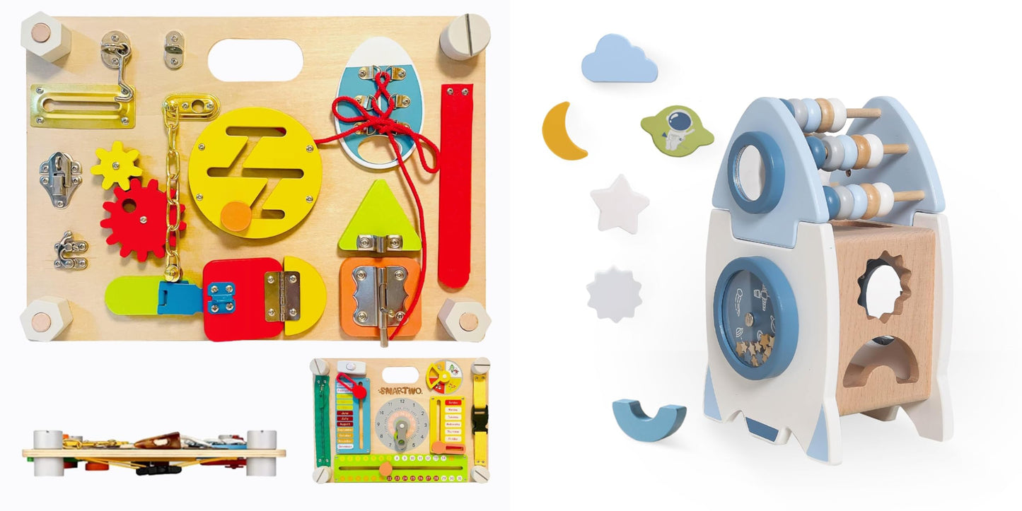 Smartwo Double-Sided Montessori Busy Board & Wooden Space Toys