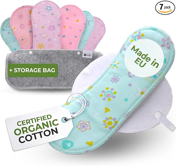 Organic Cotton Reusable Panty Liners for Women & Teens (Small, 7-Pack); High-Temp Washable Cloth Liners Made in EU; Stay Fresh & Dry, for Daily Vaginal Discharge Only; 100% Breathable (no PUL/TPU)
