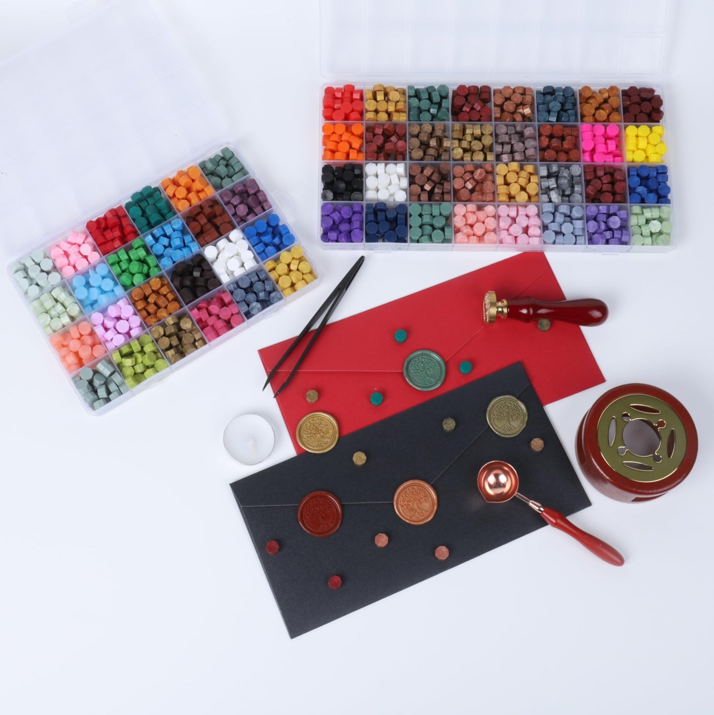 Wax Seal Kit, 56 Colors 1456 Pcs Sealing Wax Beads with Melting Warmer Spoon, Candles, Seal Stamp Set for Wedding Invitation, Letter Stamp Sealing and DIY Craft