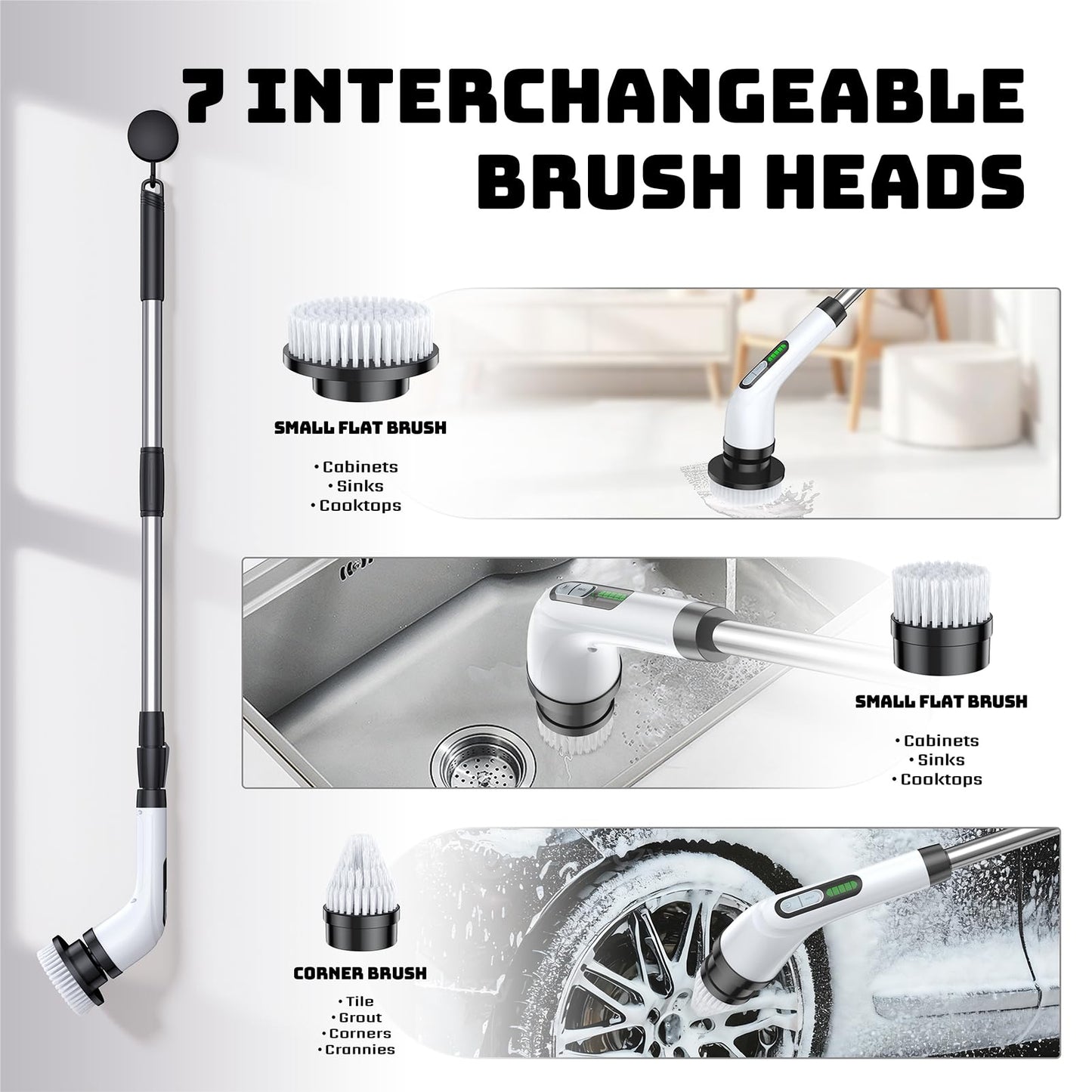 Highyes Electric Spin Scrubber, Powerful 2-Speed Cleaning Brush, IPX7 Waterproof with 7 Reusable Brush Heads & Extendable Handle, for Bathroom Toilet Shower Kitchen Wall Tile Floor Grout (White)