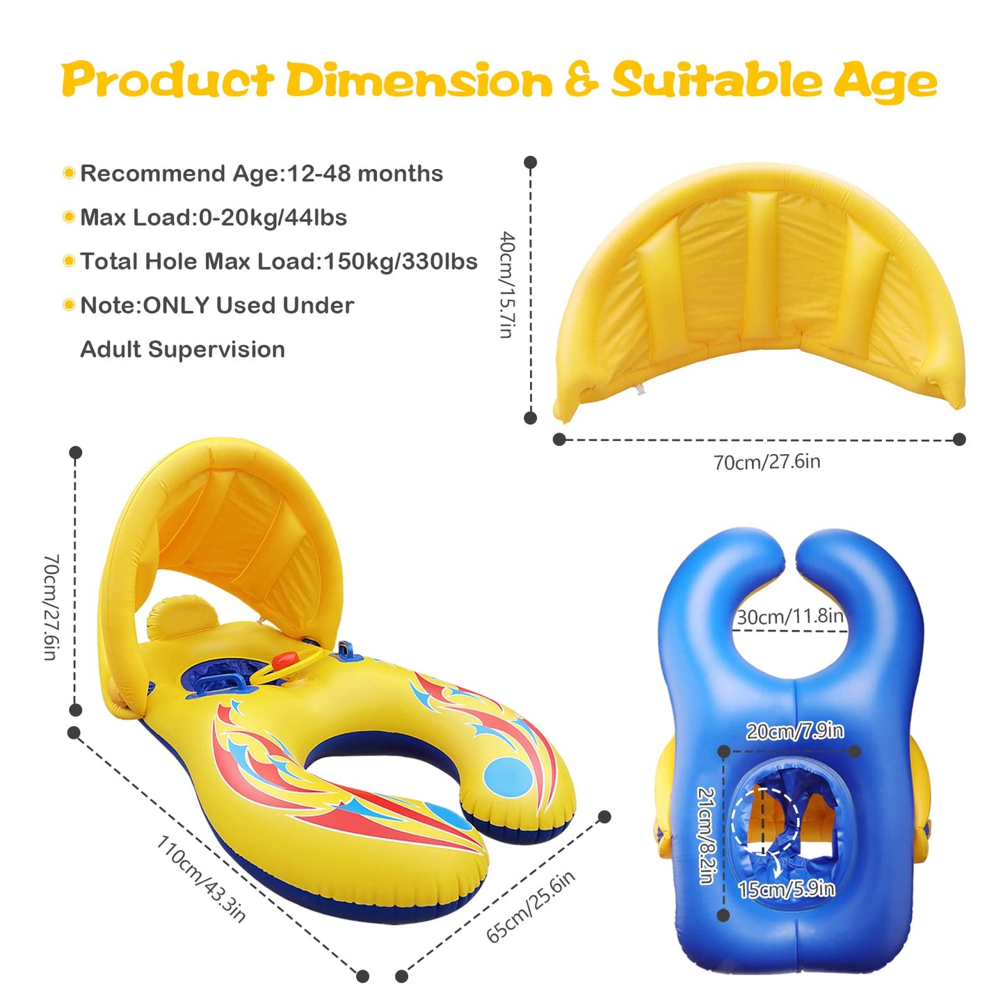 EEOCWF Mommy Baby Pool Float with Canopy Detachable, Interactive Parents Toddlers Swimming Ring, Inflatable Infant Pool Floaty Toddler Floats with Handle for Summer
