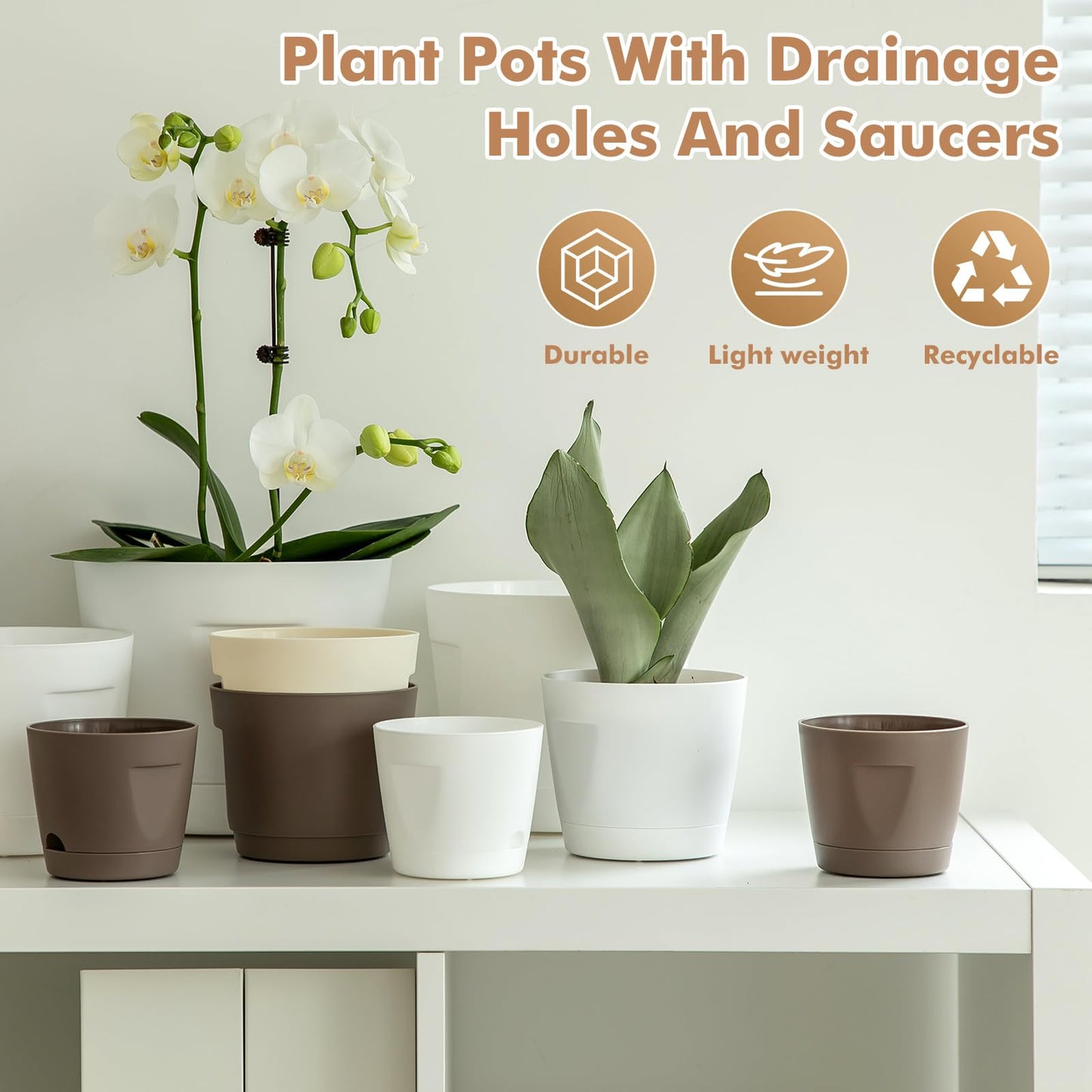 KvyusFlourish 5 Pack 4/5/6/7/8 Inch Plant Pots with Drainage Holes and Saucers Plastic Flower Pots for Indoor Plants Garden Planters Modern Houseplant Pots, Chocolate, Mixed Set