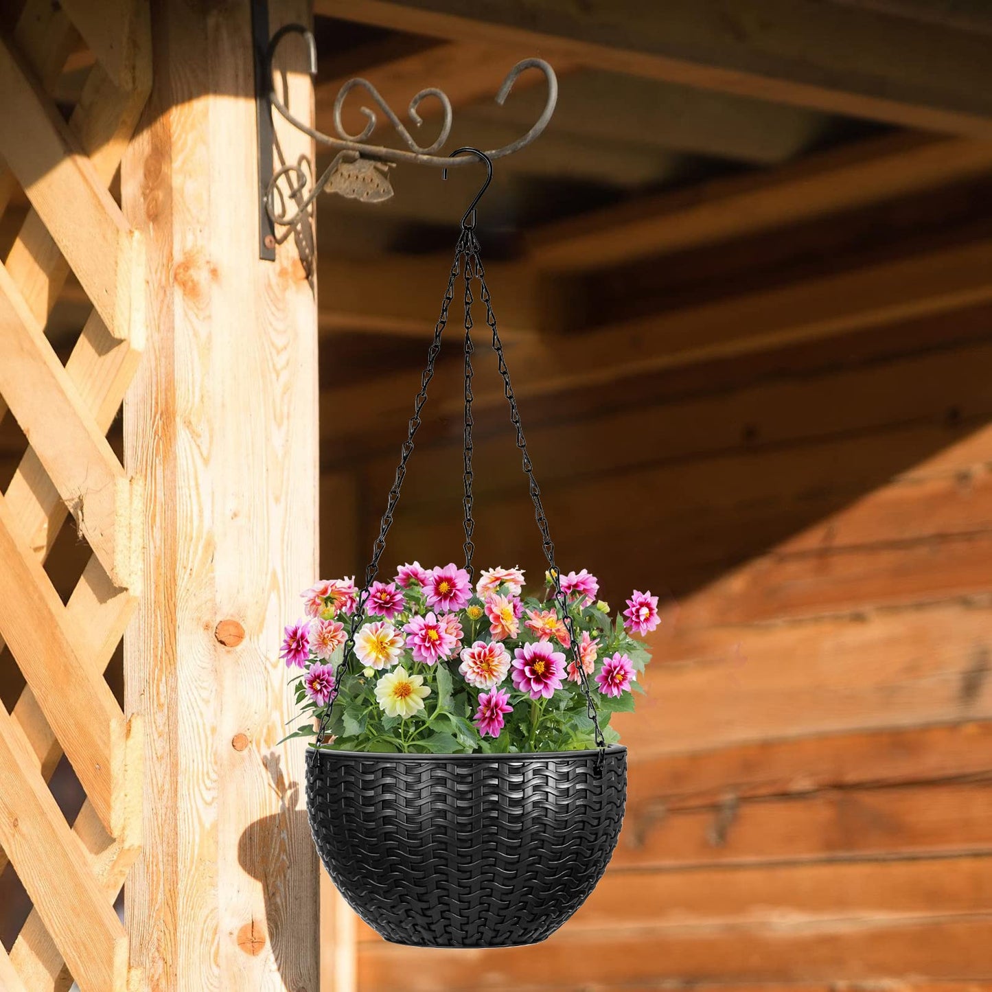 Foraineam Dual-Pot Self-Watering Hanging Planters, Black, 2 Pack, Indoor/Outdoor, Rattan Design, 10.2in and 8.2in