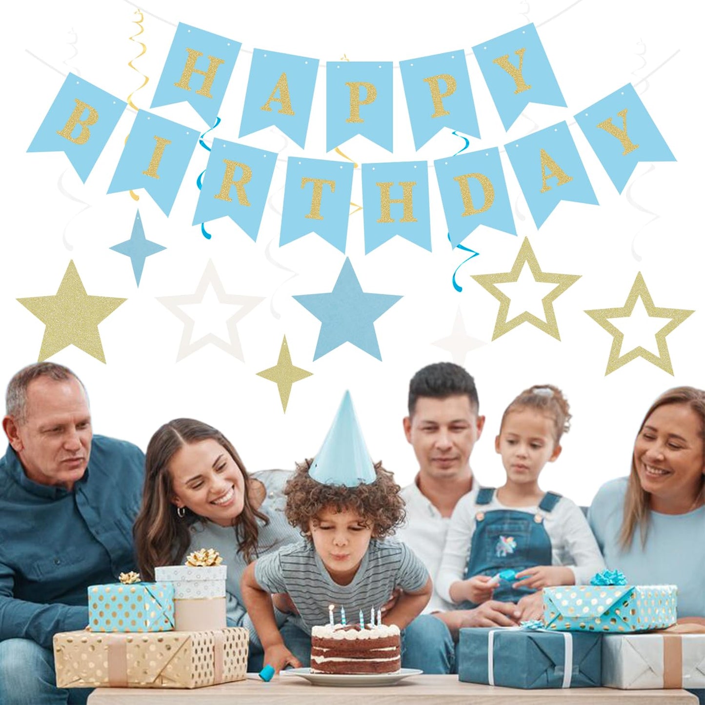 Light-Dusty Blue Beige-Champagne Birthday Party-Decorations - 19pcs Boho Neutral Streamers Banner,Paper Star Garland Lanterns Honeycomb Fan,Tissue Pom Poms,Wall Ceiling Backdrop Supplies Ouruola