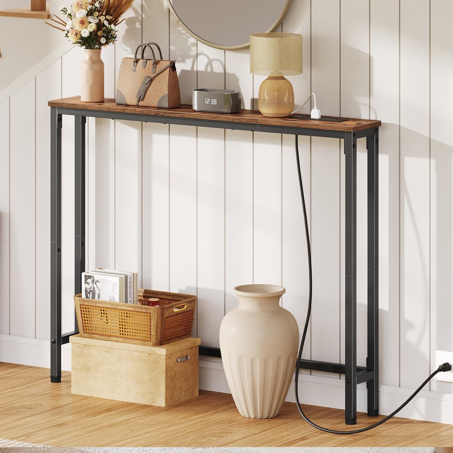 HOOBRO Narrow Console Table and Console Table Bundle, 15.7" Entryway Table with 2 Fabric Drawers, 39.4 Inch Narrow Entryway Table with Power Outlets, BF71XG01-BF52UXG01G1