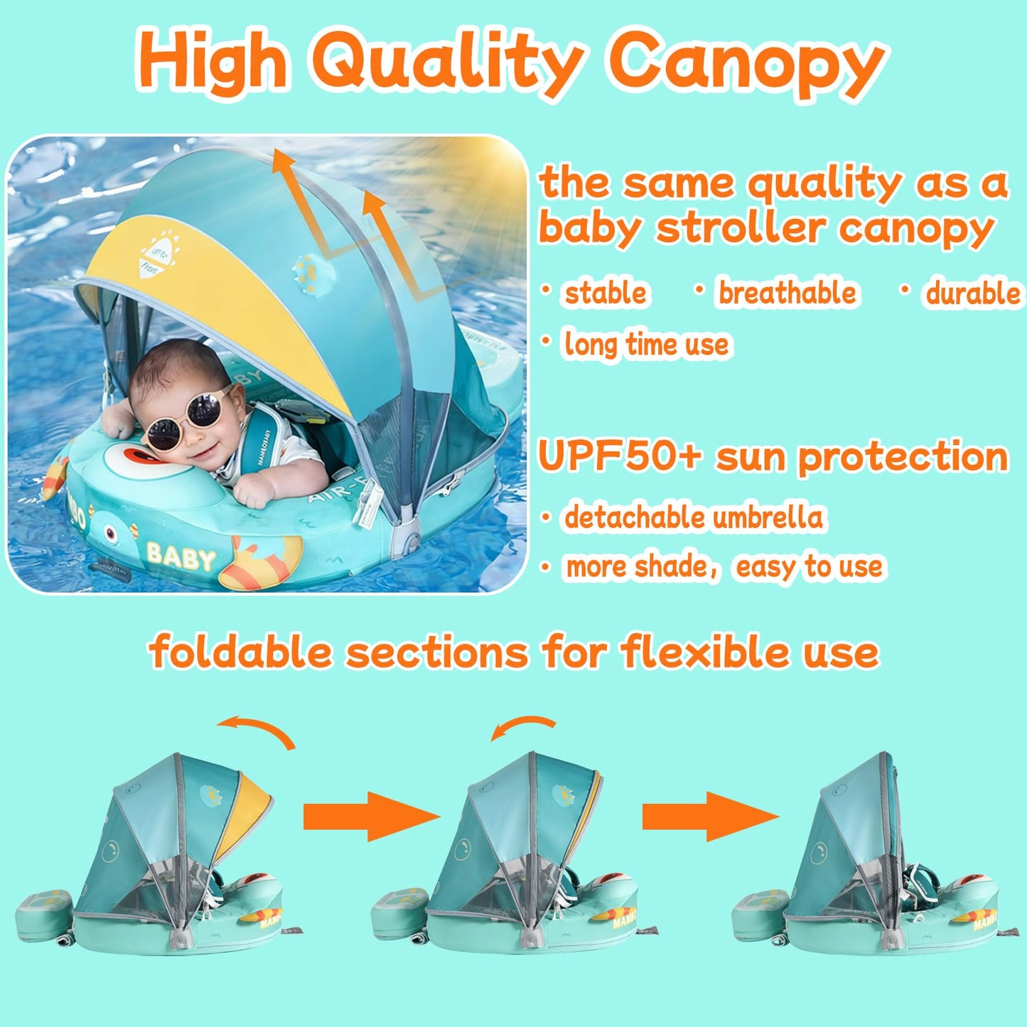 Mambobaby Float with Canopy Skin-Friendly Baby Swim Float with Tail Waterproof Non-Inflatable Mambo Float Smart Swim Trainer Soft Solid Infant Pool Float 3-24 Months Baby Swim Ring