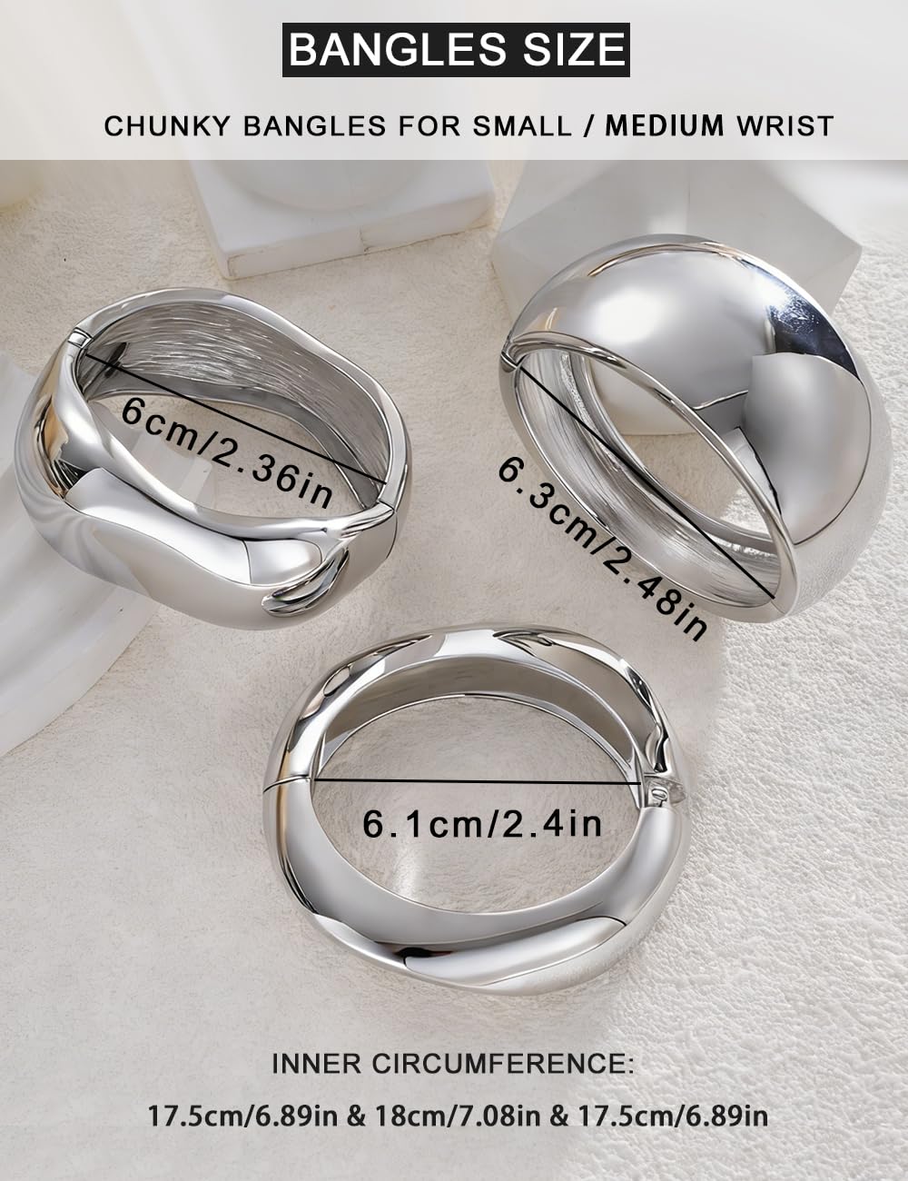 Chunky Silver Bangle Bracelets for Women, Dainty 14k Plated Big Stackable Bangles Set, Trendy Statement Cuff Bracelet Stack Fashion Jewelry Gifts (3 Silver chunky bangles)