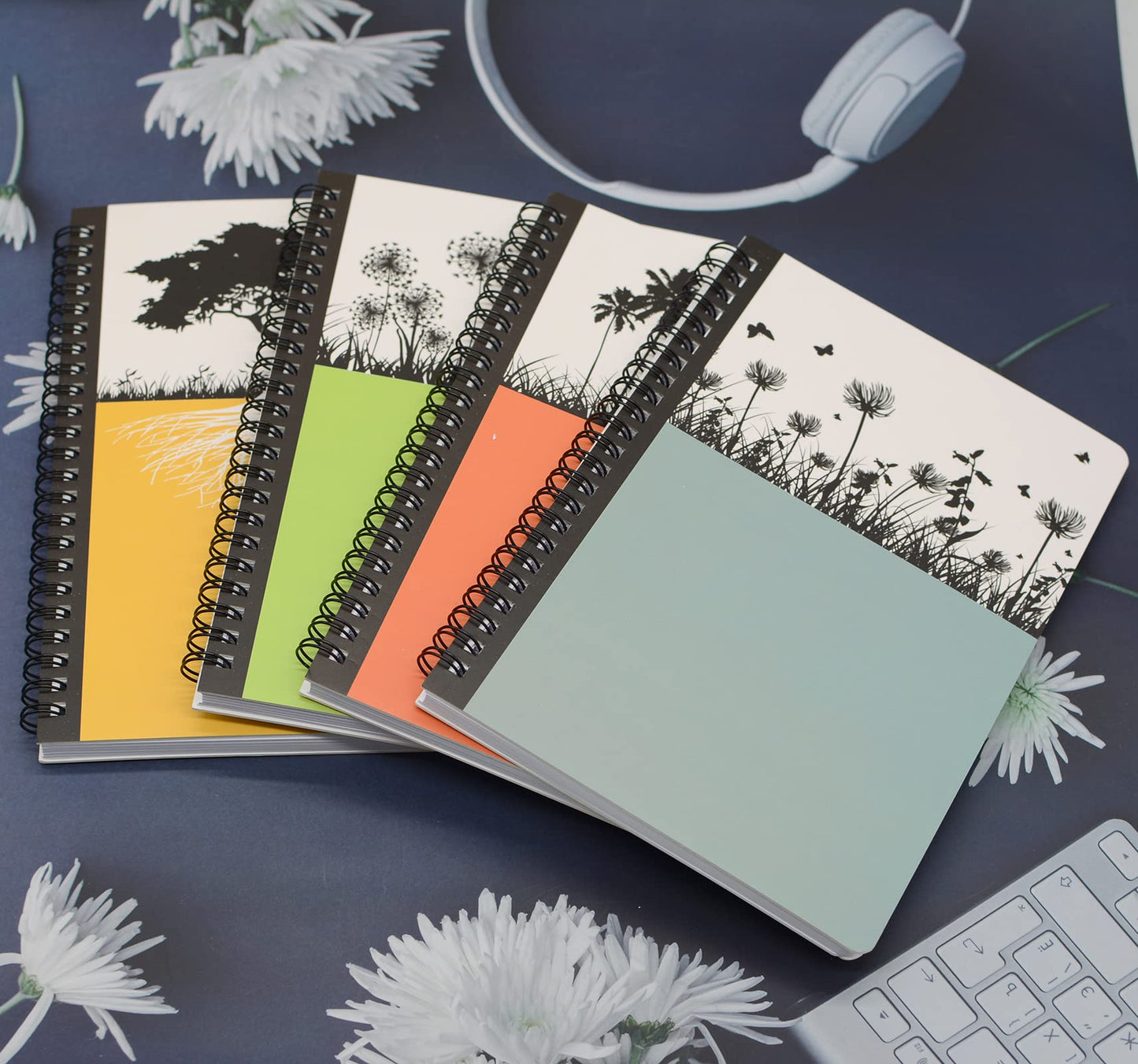Yansanido Spiral Notebook, 4 Pcs A5 Thick Tree Design Hardcover 8mm Ruled 4 Color 80 Sheets -160 Pages Journals for Study and Notes (Tree)