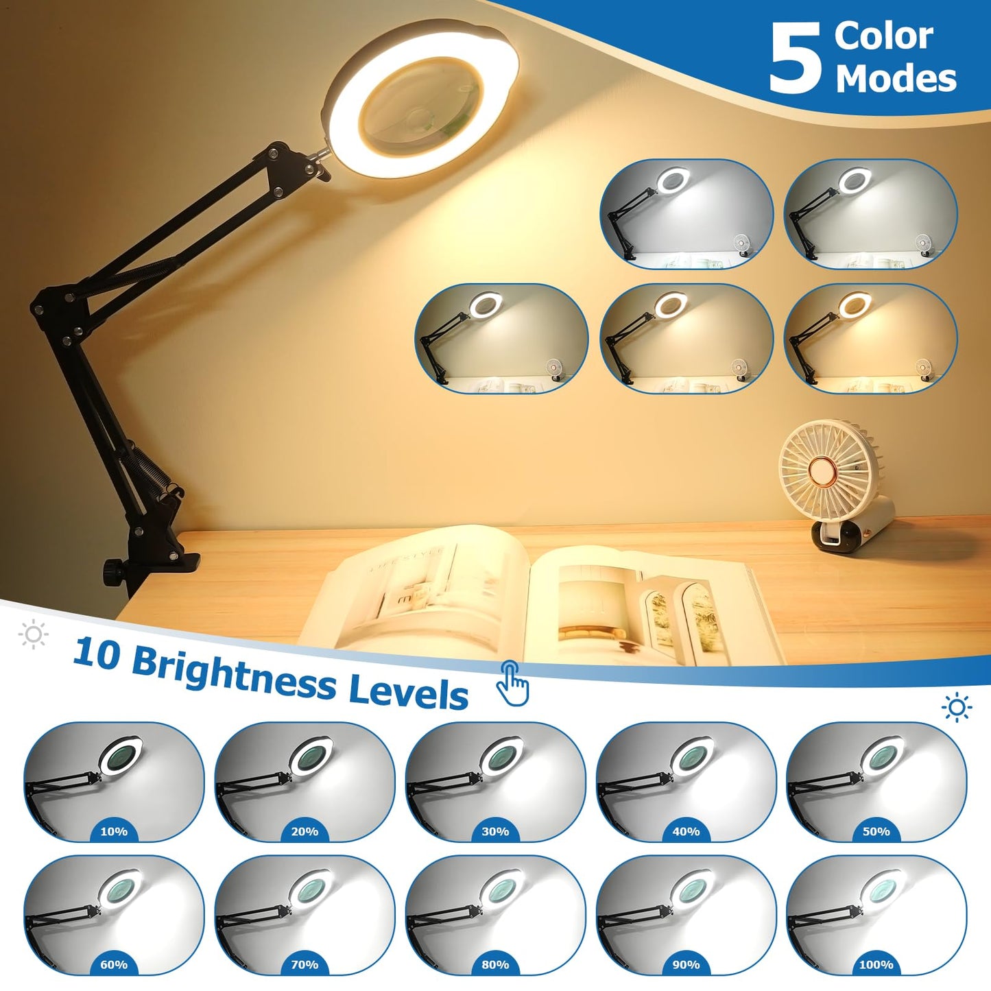 15X 30X Magnifying Glass with Light and Stand, LED Desk Lamp with Base and Clamp, 5 Color Mode, 10 Dimmable Levels, Hands-Free Magnifying Glasses for Close Work, Reading, Crafts, Jewelry