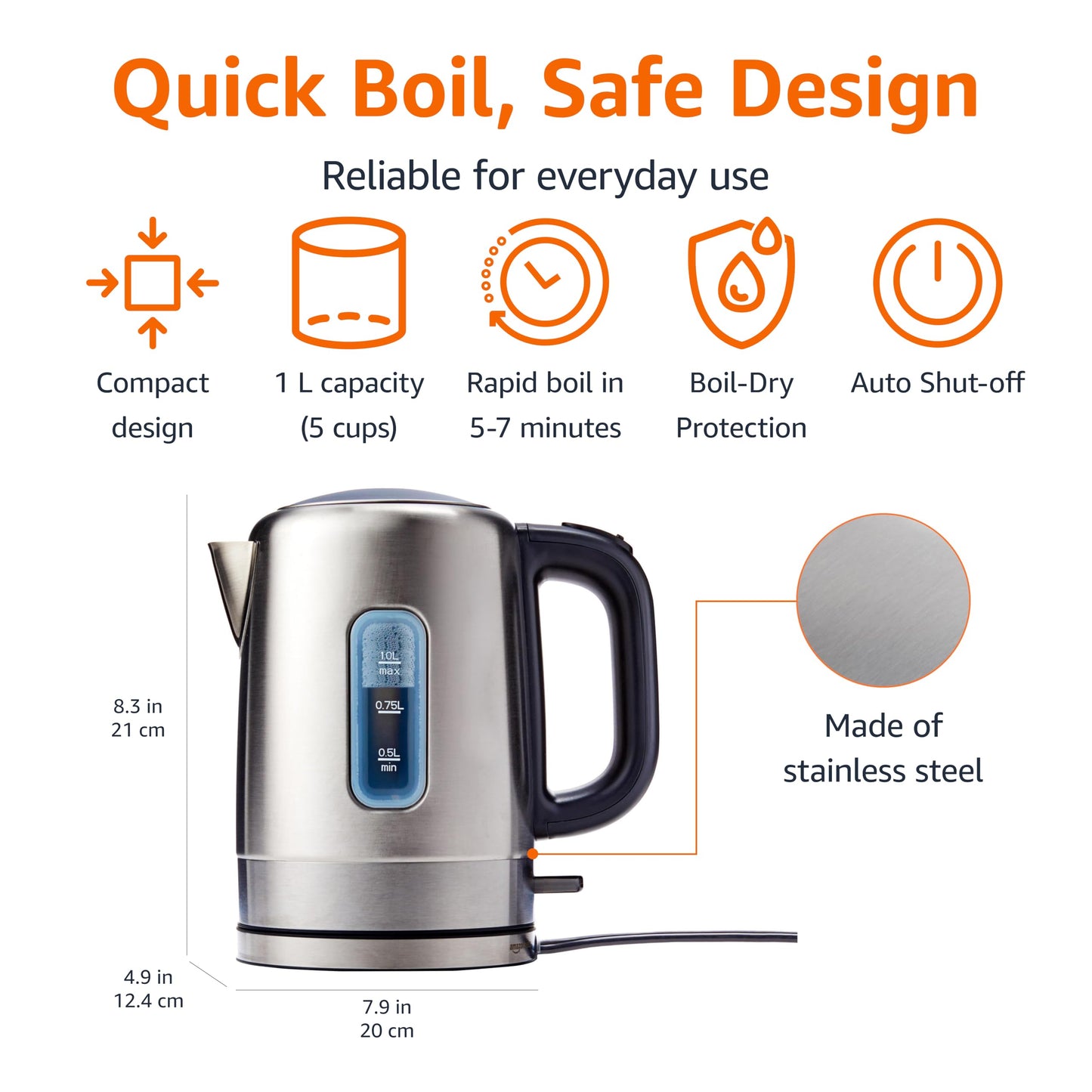 Amazon Basics Electric Stainless Steel Kettle for Tea and Coffee, BPA-Free, Fast Boiling, Auto Shut-Off, 1 Liter, 1500W, Black and Silver