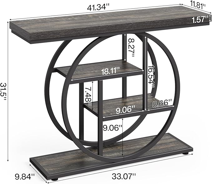 LITTLE TREE Console Table, 4-Tier Entryway Table, 41.3-Inch Industrial Sofa Table for Living Room, Foyer Hallway Table for Entrance, Deep Grey and Black