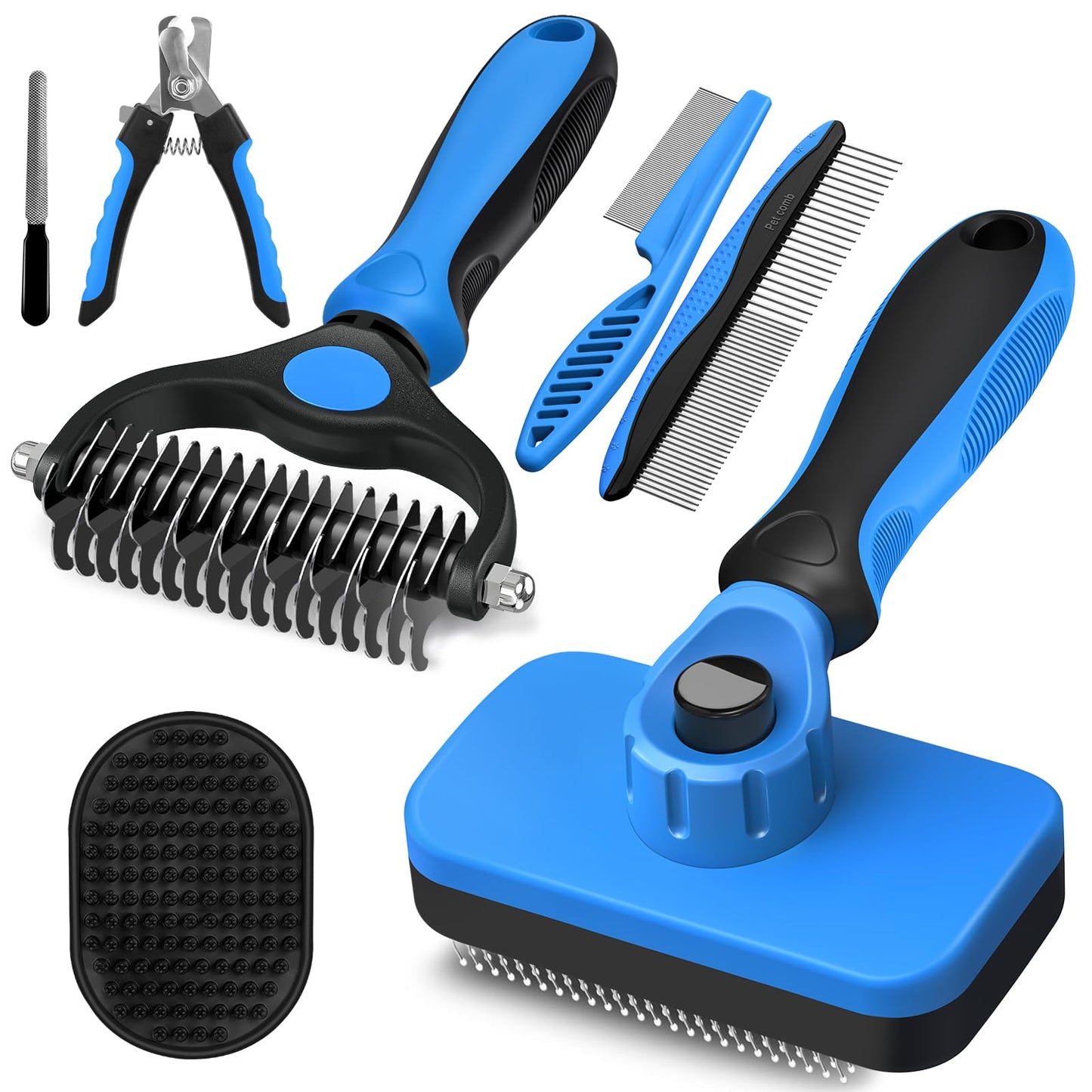 Augwind 7 in 1 Pet Grooming Kit - Dog&Cat Comb, Deshedding Brush, Nail Clipper with File, Bath Brush - Premium Pet Supplies (Blue)