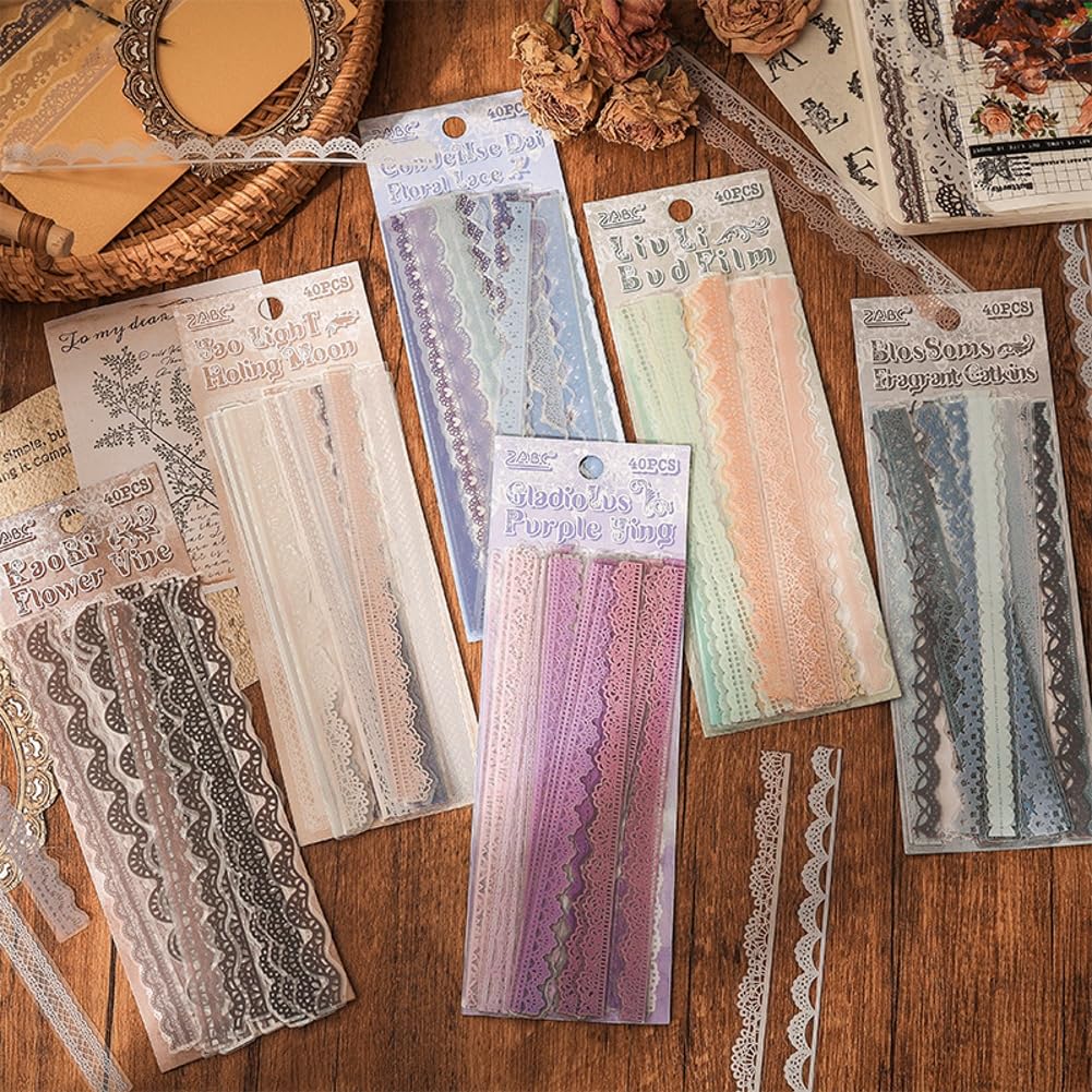 Obujopal 240 Pcs Transparent Lace Stickers for Scrapbooking Junk Journal Card Making Collage Diary Planner Notebook Letter Photo Album Craft Project Decoration, 30 Patterns
