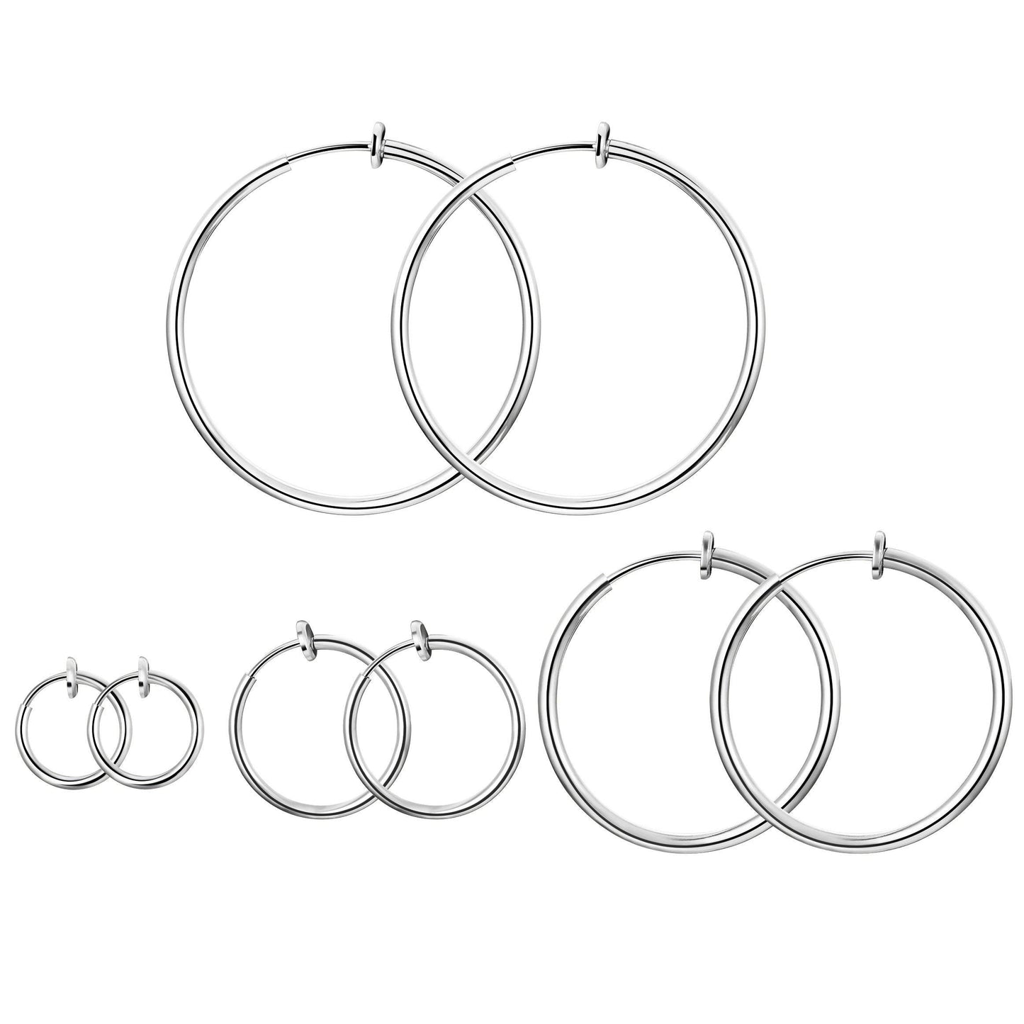 Stainless Steel 4 Pairs Set Clip On Hoop Earrings for Women Men Non Pierced Earrings Silver Set