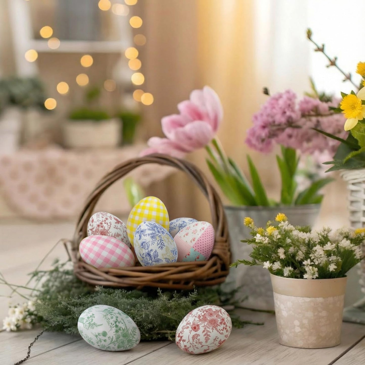 Gemscream 82 Pcs DIY Easter Unfinished Egg Decoupage Craft Include 24 White Eggs 50 Decoupage Napkins 5 Glues 3 Sponge Brushes Easter Decorations Party Favors for Craft Activities Family Party