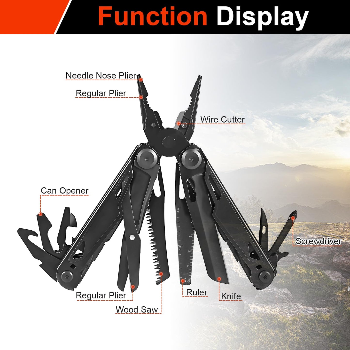 JIEHET Multitool, 28-in-1 Stainless Steel Multi-Tool with Pocket Knife, Self-locking Pliers, Bottle Opener Professional Multi Tool for Outdoor, Survival, Camping, Hiking, Hunting - Black