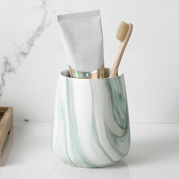 Marble Green Toothbrush Holder for Bathroom - Ceramic Tooth Brushing Holders, Toothbrush Cup, Toothpaste Organizer for Bathroom Countertop, Makeup Brush Holder, Pen Holder for Home Desktop Storage