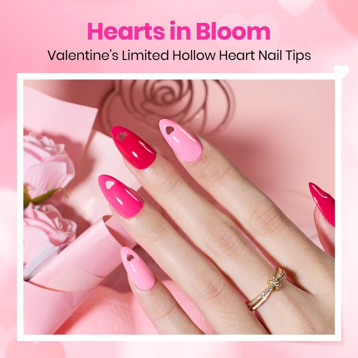 Beetles Tipex Lite Heart Cutout Nail Tips, Pre-Built Instant Apex Almond Medium, 16 Sizes 256pcs, Flat Nail Friendly Acrylic Tips, Easy DIY for Beginners