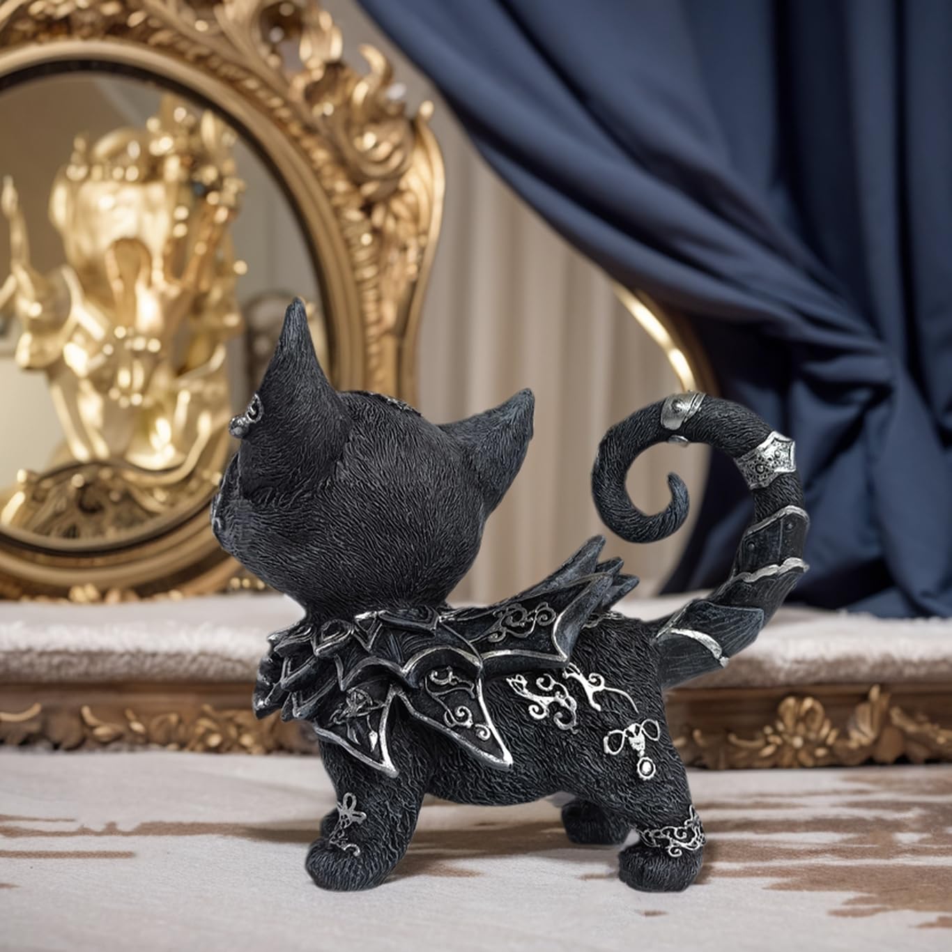 SACOJUCHY Mystical Black Cat Statue Elegant Silver Accented Kitten Sculpture Intricate Gothic Home Decor Enchanting Figurine for Cat Lovers, Witchy Aesthetic, & Unique Gifts