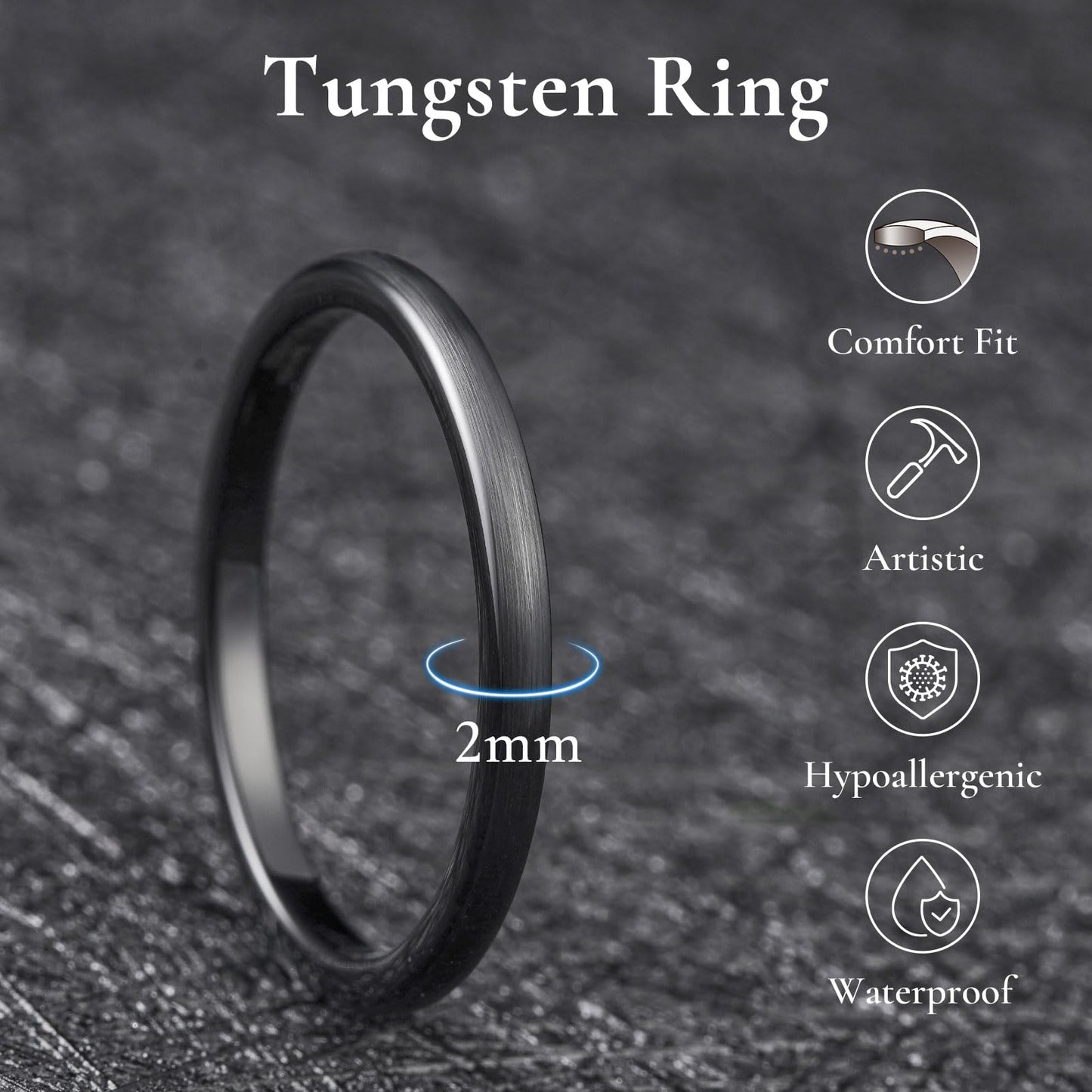King Will 2mm Black Wedding Band for Men Women, Domed Brushed Tungsten Pinky Rings for Men, Comfort Fit, Durable, Size 10.5