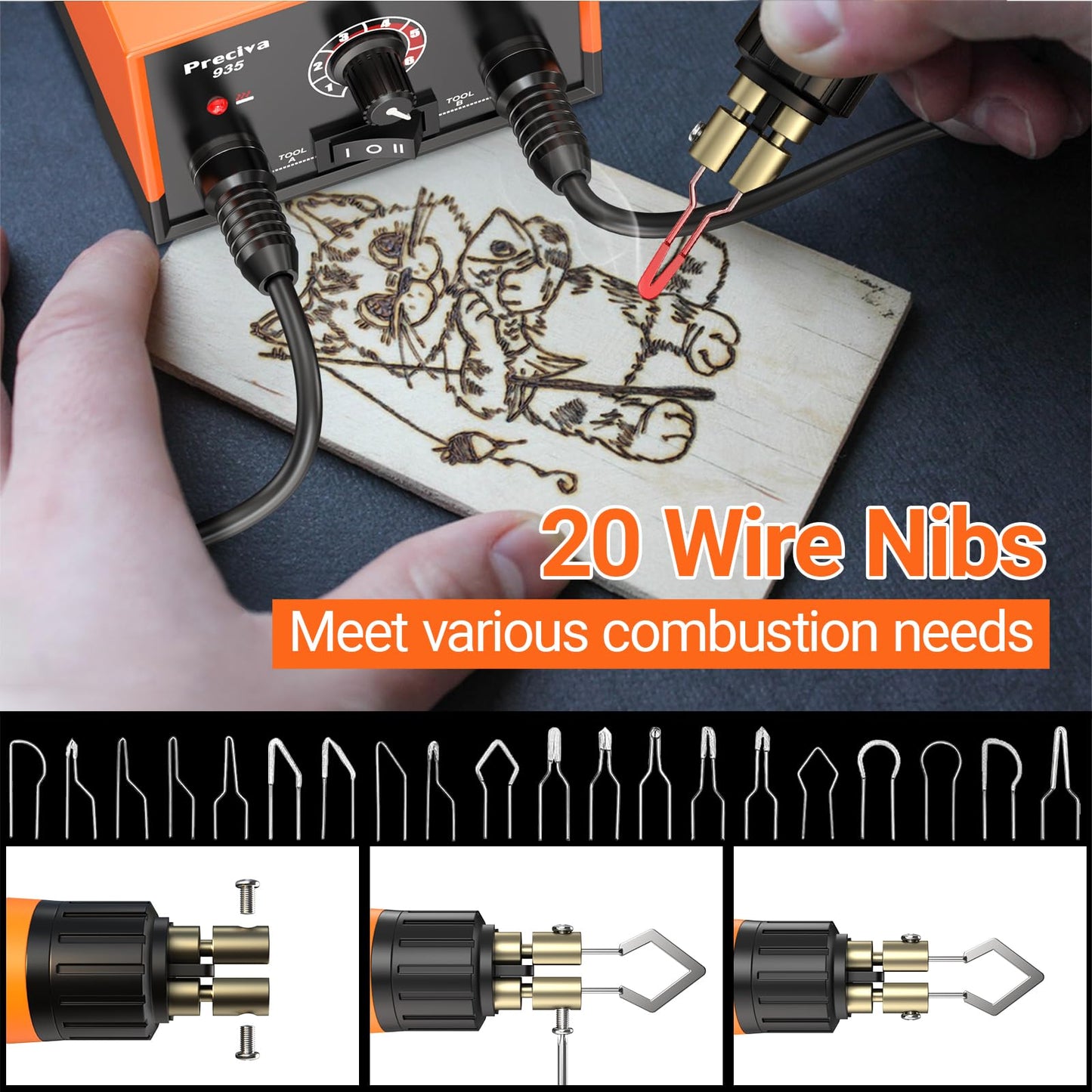 Preciva 935 Dual Handle Wood Burning Kit - Professional Pyrography Tool with 20 Wire Nibs & Pen Holder | Adjustable Temp 482~1382℉ | for Wood Burning, Leather Craft, Art Designs