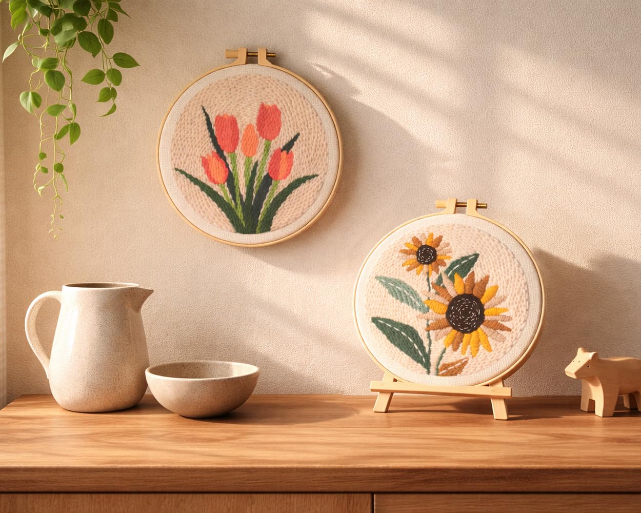 DS. DISTINCTIVE STYLE 2Pcs Embroidery Kits for Beginners,DIY Embroidery Starter Kit,Beginner Cross Stitch Kits for Adults with Instructions,Pattern,Yarns,Hoops,Threader Tools (Sunflowers&Tulips)