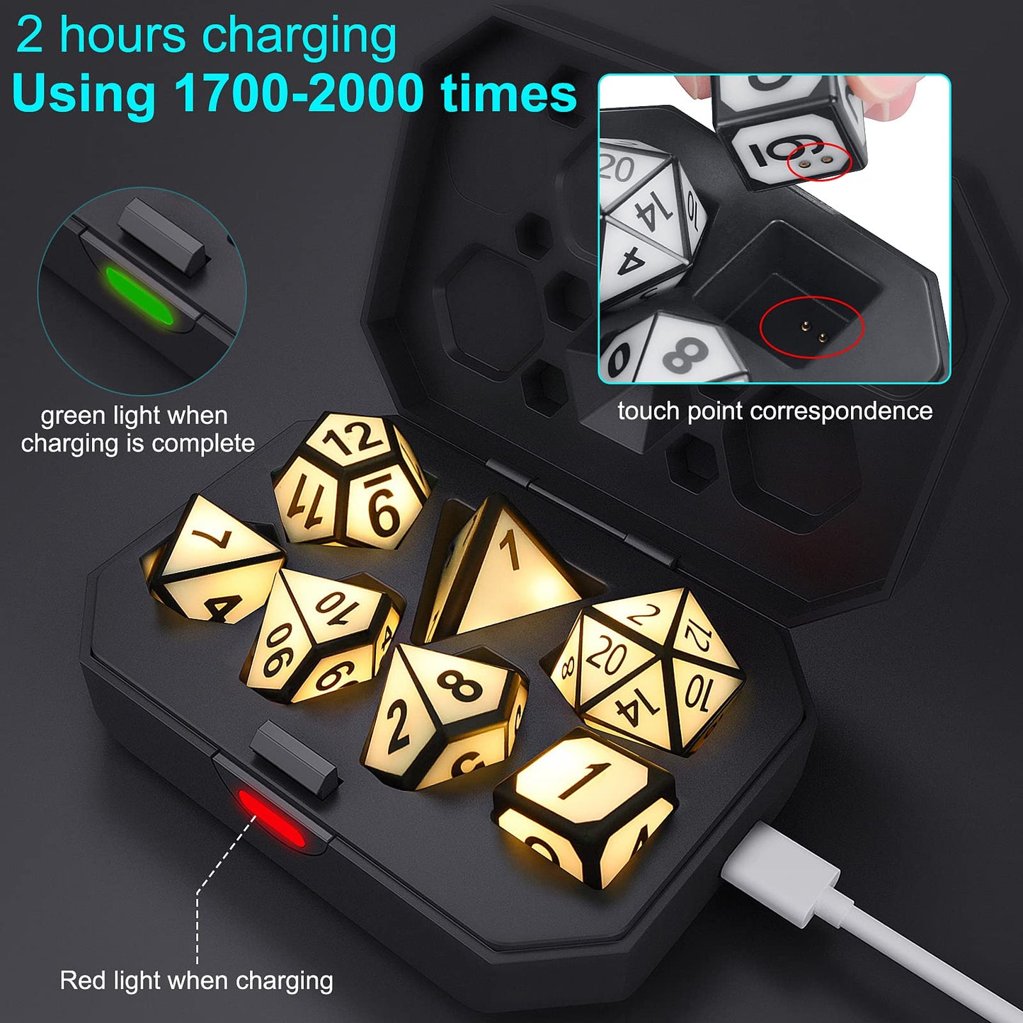 HTPOW Light Up DND Dice Set of 7 USB Rechargeable Role Playing Dice with Charging Box, Valentine's Day Gift Shake to Light up LED Dice for Dungeons and Dragons Role Playing Tabletop Games
