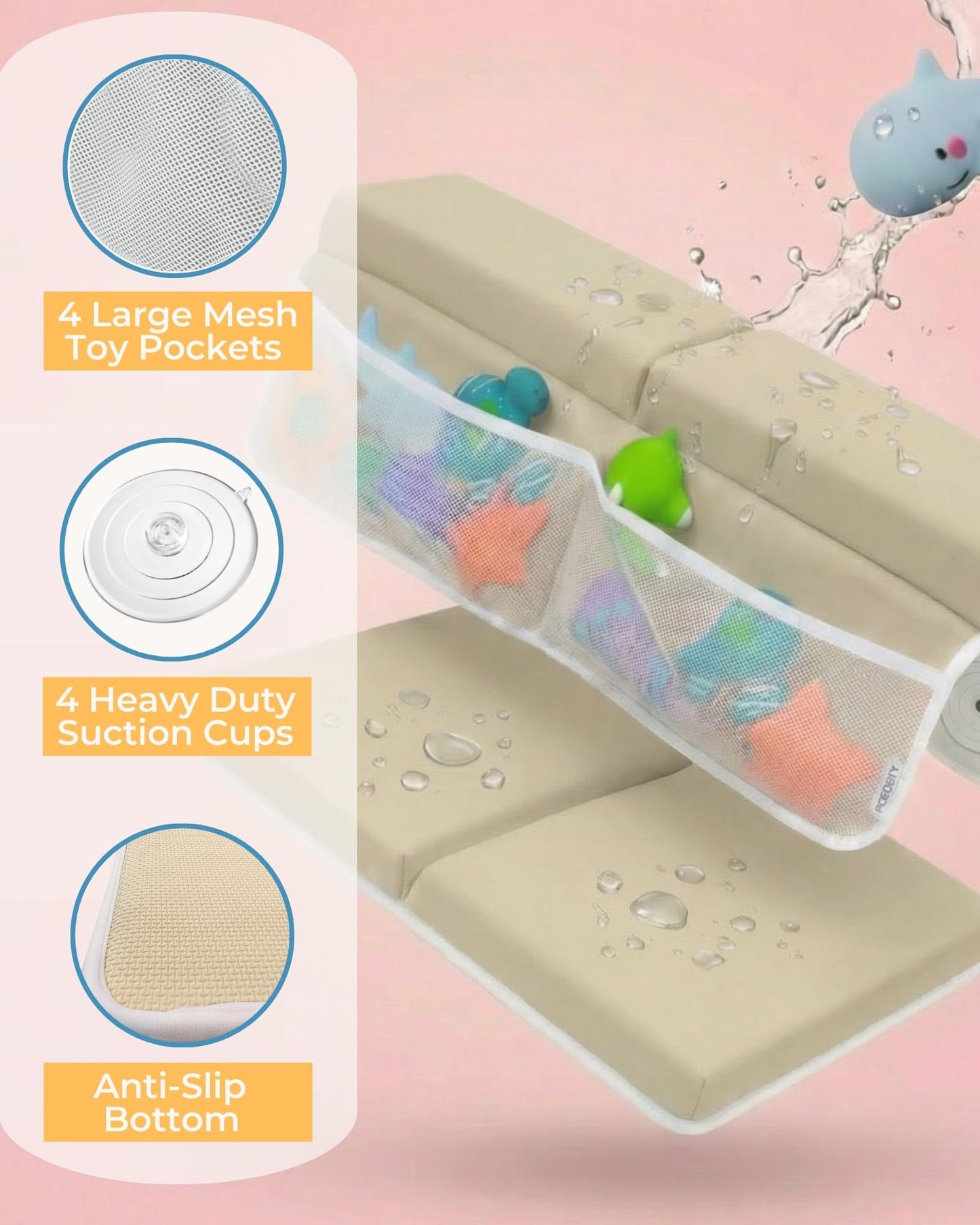 Comfortable Baby Bath Kneeler and Elbow Rest Pad Set – Thick Memory Foam Bath Kneeling Pad with Elbow Support – Baby Bathtub Cushion with Toy Organizer for Bathing Infant or Toddler - Beige