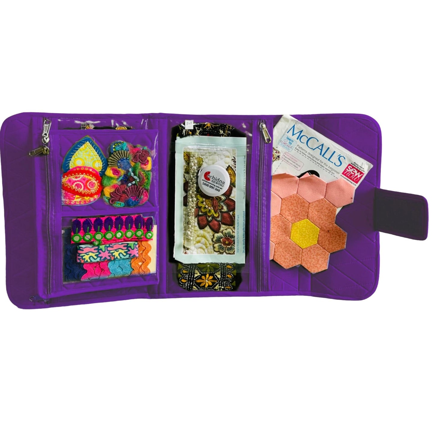 Yazzii Trifold Craft Project Case - Craft Organizer, Travel Tote Bag with Clear Pockets & Handle - Crafts, Crochet, Sewing Accessories - Purple